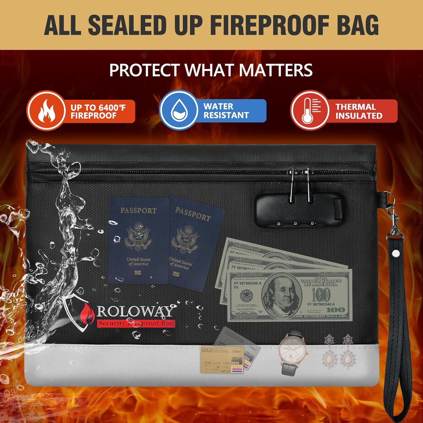 ROLOWAY Fireproof Money Bag with Lock for Cash, 6400°F Fire Proof Document Bag (12.2 x 8.5 x 1.6 inches), Money Pouch with Zipper (Black)