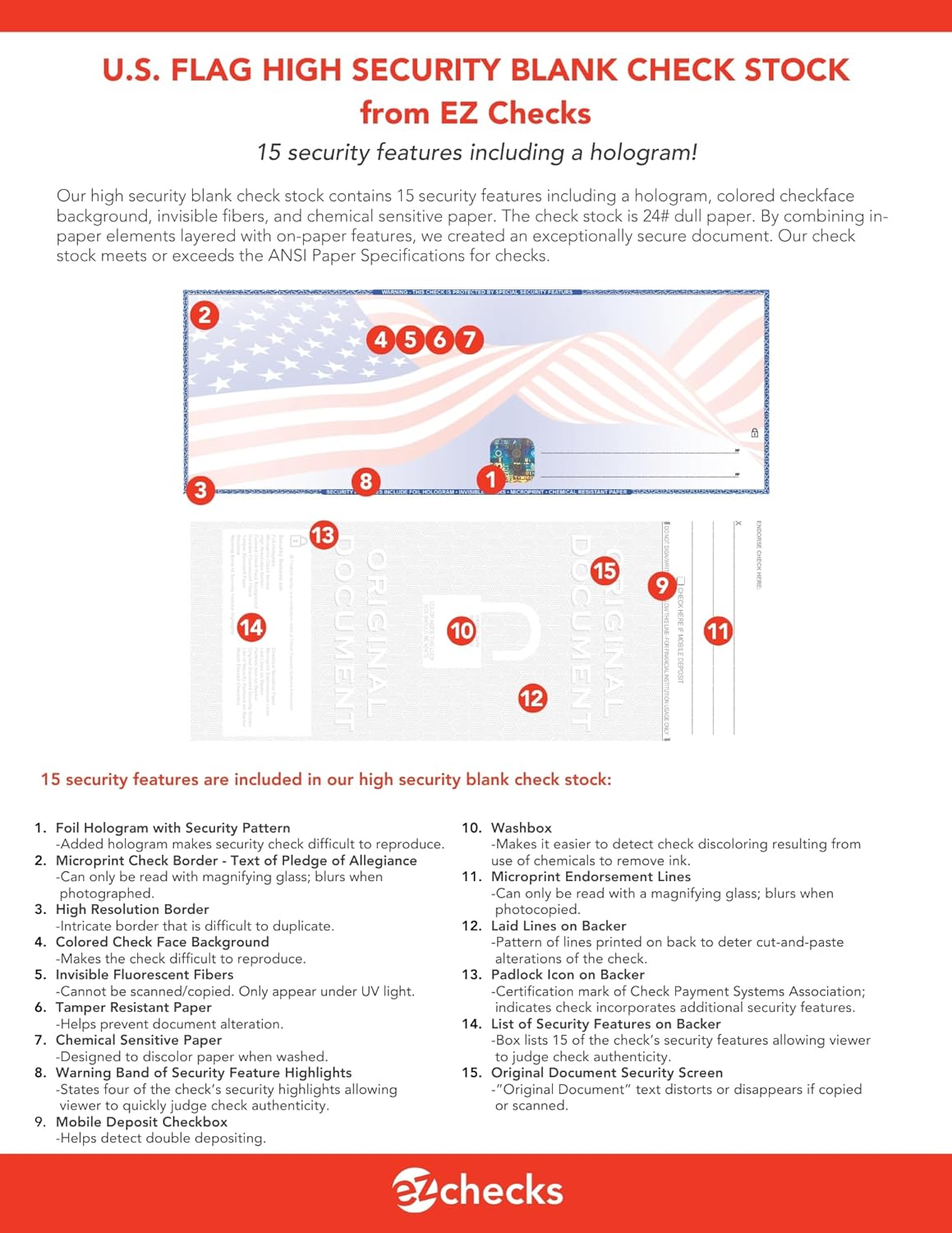 EZ Checks Premium Blank Hologram High Security Laser Check Stock | 500 Sheets (US Flag, Check at Top)