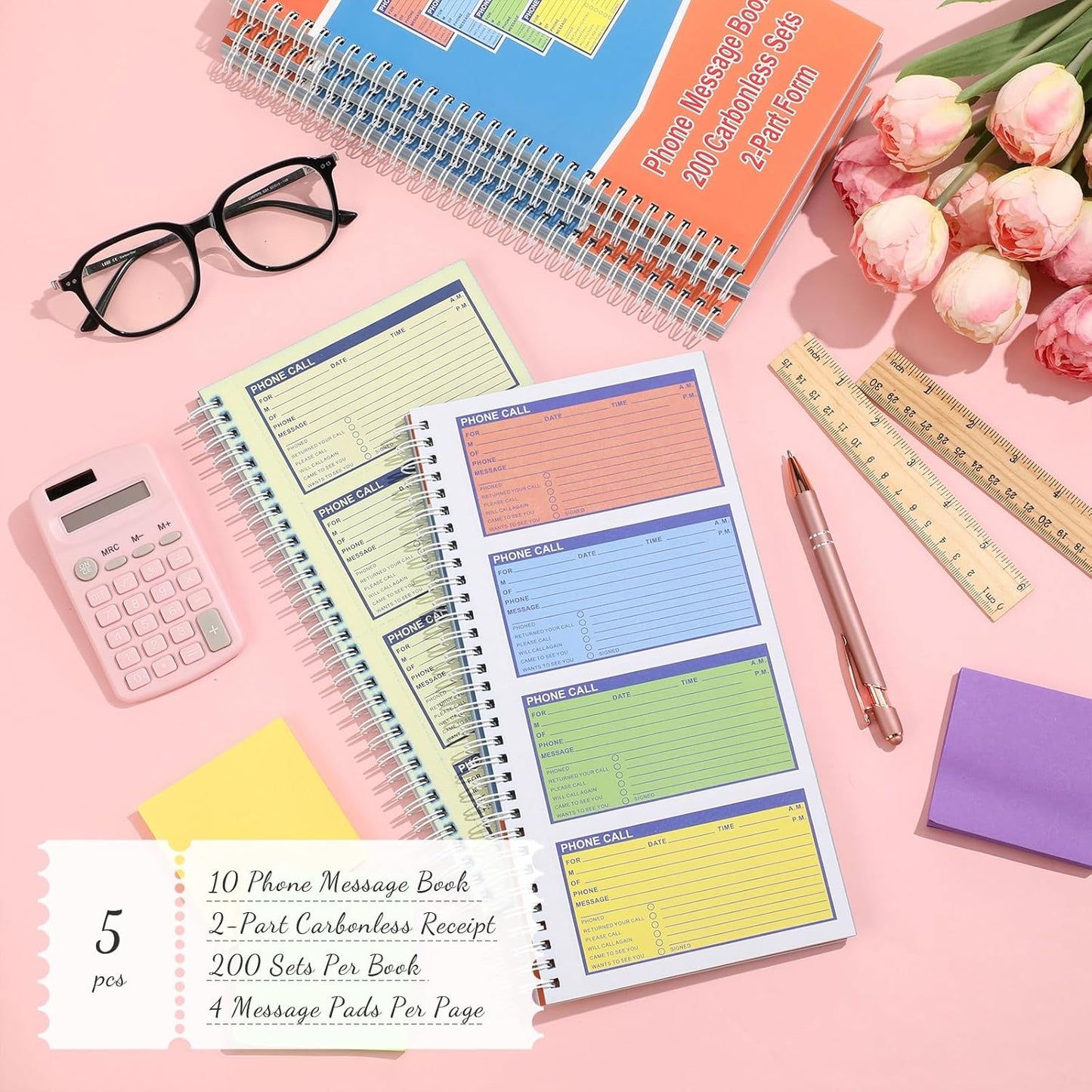 5 Pcs Spiral Bound Phone Message Book 5-1/2" x 11" 2 Part Colorful Carbonless Phone Message Pads 4 Messages Per Page Carbon Copy Notebook Spiral Phone Call Log Book for Business Office