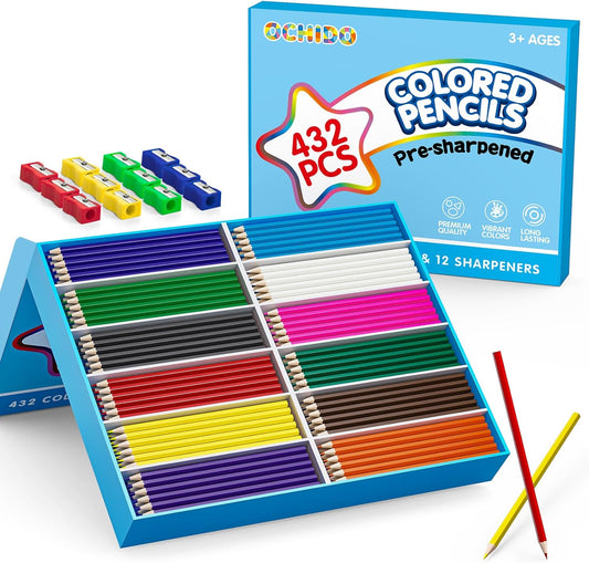 OCHIDO 432 Count Colored Pencils Bulk, Pre-sharpened Colored Pencils for Kids in 12 Bright Colors, Color Pencil Set with 12 Sharpeners, Back to School Supplies Classroom Essentials for Teachers