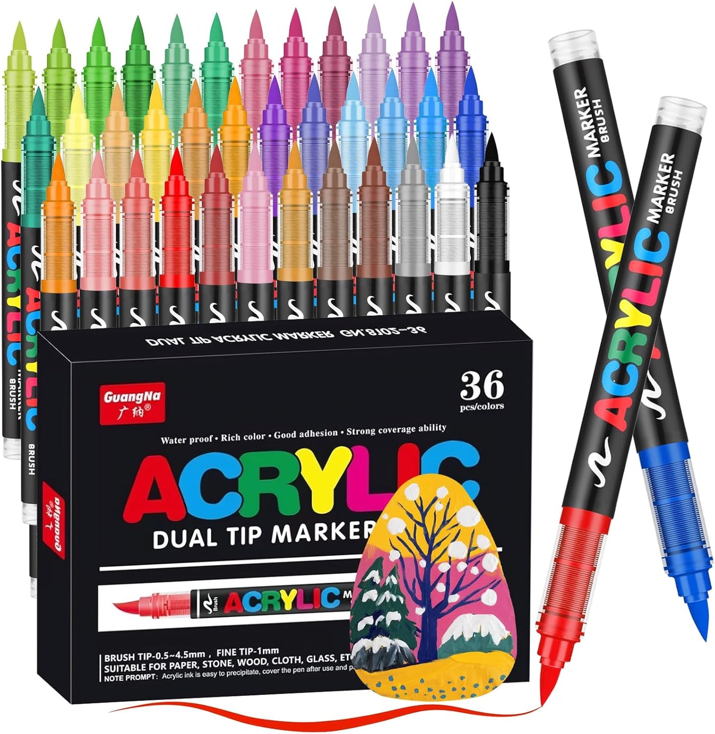 JRQ Acrylic Paint Markers Pens, 36 Colors Waterproof & Long-Lasting Ink, Brush Tip Acrylic Markers for Wood, Rock Painting, Glass, Canvas, Ceramic, Fabric, Plastic Art Crafts Supplies Kids Adult