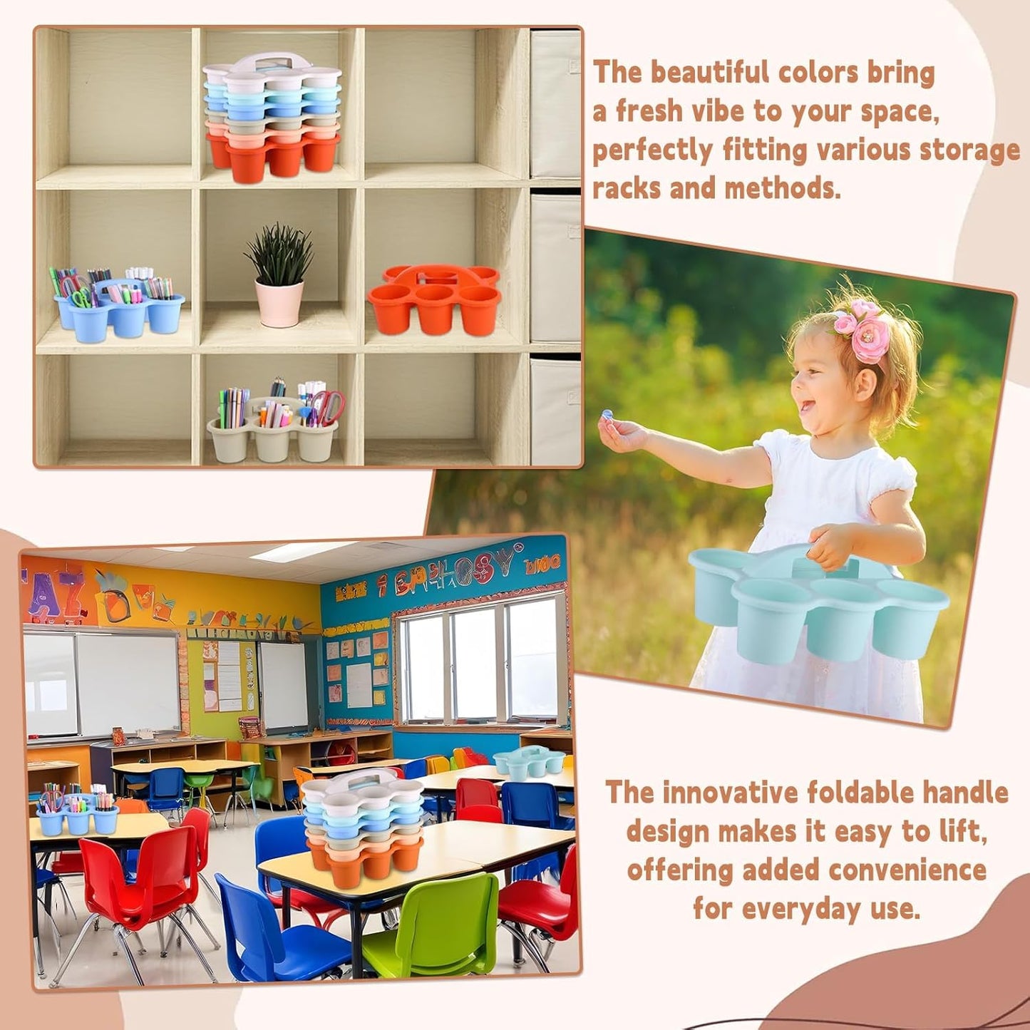 6 Pack Classroom Caddy Organizer with Handle Morandi Plastic Table Caddy Drink Cup Caddies Holder 12×9×3.5 Inches Storage School Supplies 6 Compartments for Table Crayon Pencil Cup Marker Craft