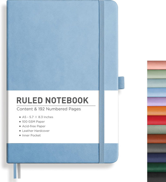 RETTACY Lined Journal Notebook, 192 Numbered Pages, A5 Medium Size (5.7'' x 8.3''), for Men & Women, Journaling, Writing, Work & Office, Leather Hardcover, 100 GSM Thick Paper (Light Blue)