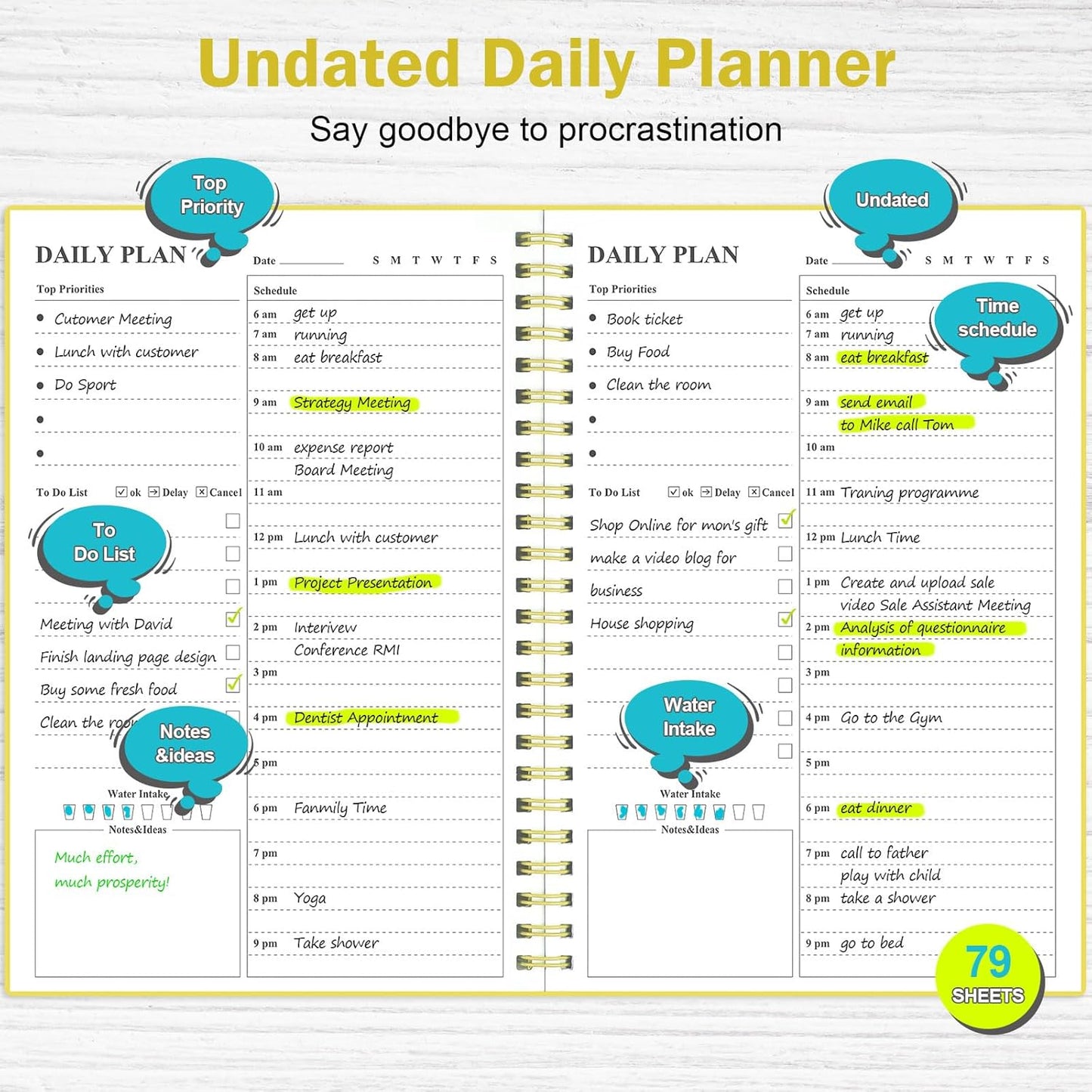Asten Daily Planner Undated - To Do List Notebook With Hourly Schedules and Spiral Appointment Book for Men and Women, ADHD Work Planner With Inner Pocket 8.3"x 5.8" (Yellow)