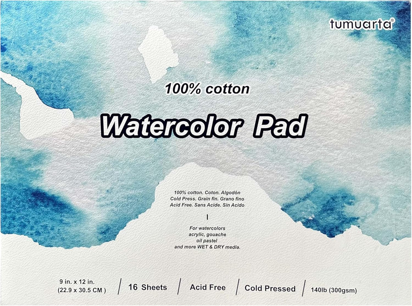 tumuarta Watercolor Pad, 9x12, 100% Cotton, 140 LB, 300 GSM, 16 Sheets, 32 Pages,Acid Free, Cold Press, Watercolor Paper Mixed Media Sketch Books for Watercolors, Acrylic, Gouache, Pencil and More