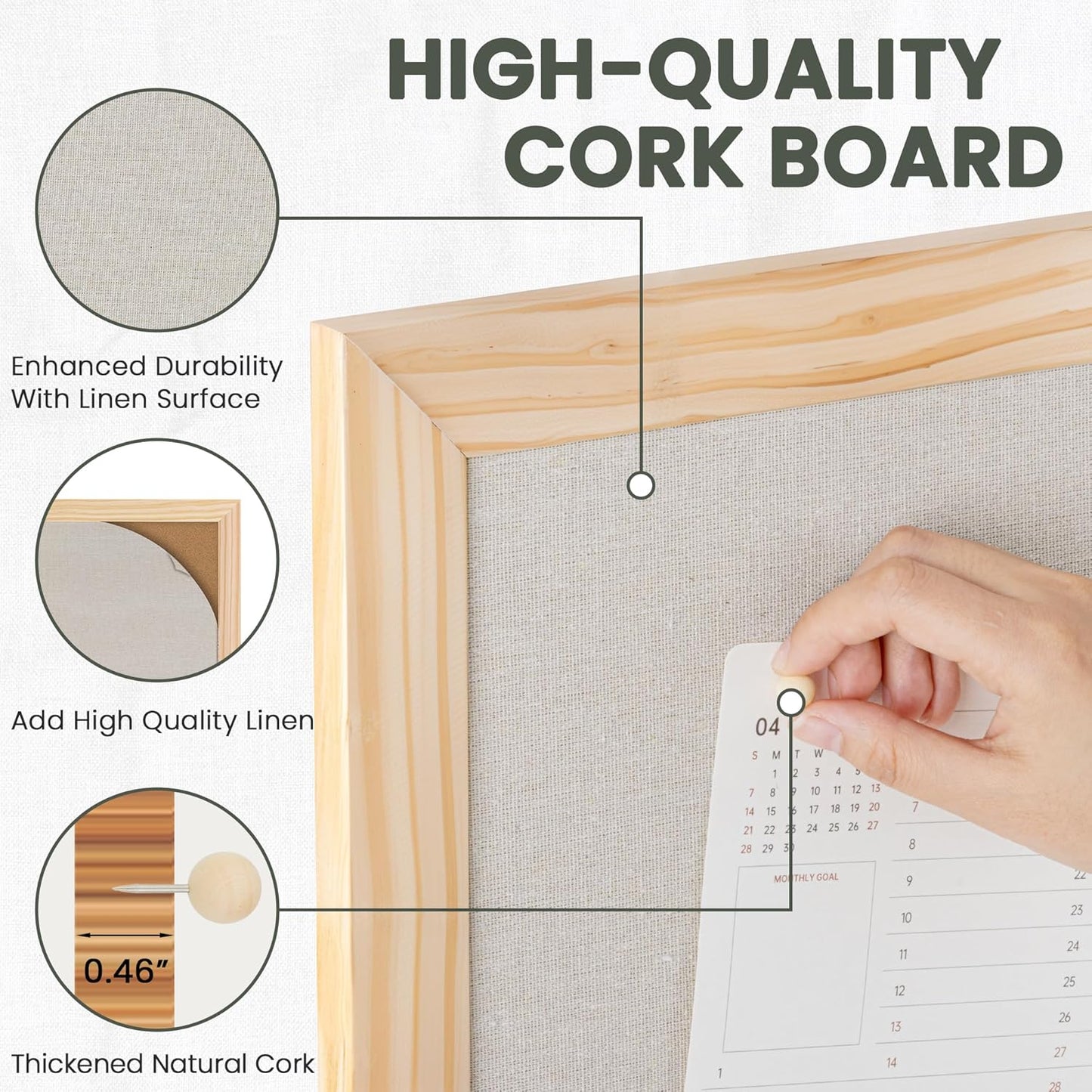 Bulletin Board Cork Board with Linen, 100% Wood Framed 18" x 24" Bulletin Board Decorations, Pin Boards for Walls, Wall Mounted Fabric Picture Board with 10 Pushpins for School, Home & Office, Natural