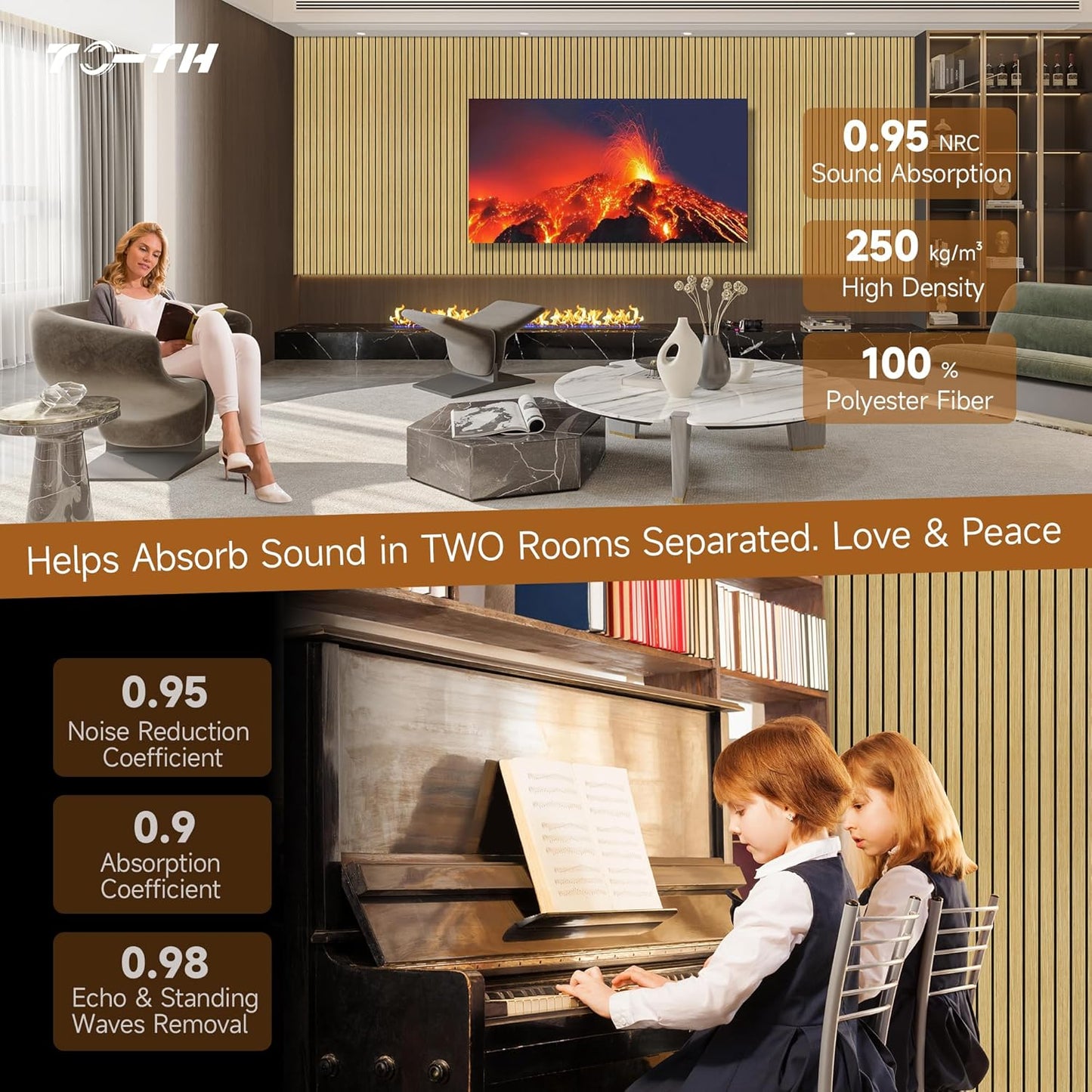 TO-TH 10 Pack Wall Tiles, 47.2” x 23.6” Sound Proof Panels for Walls, Art Wall Panels for Echo Absorption,Acoustical Barrier of Wood-Look Polyester Fiber for Home Office & Studio