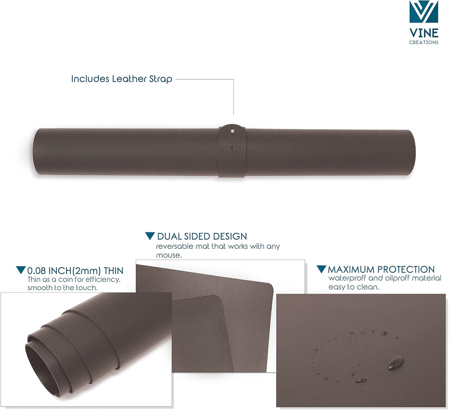 Vine Creations Leather Desk Mat Large 44" x 22", Desk Protector Mat, PU Leather Desk Pad, Large Mouse Pad, Desk Blotter, Desk Pads on Top of Desks, Desk Matt for Desktop, Office Desk Mat (Dark Brown)