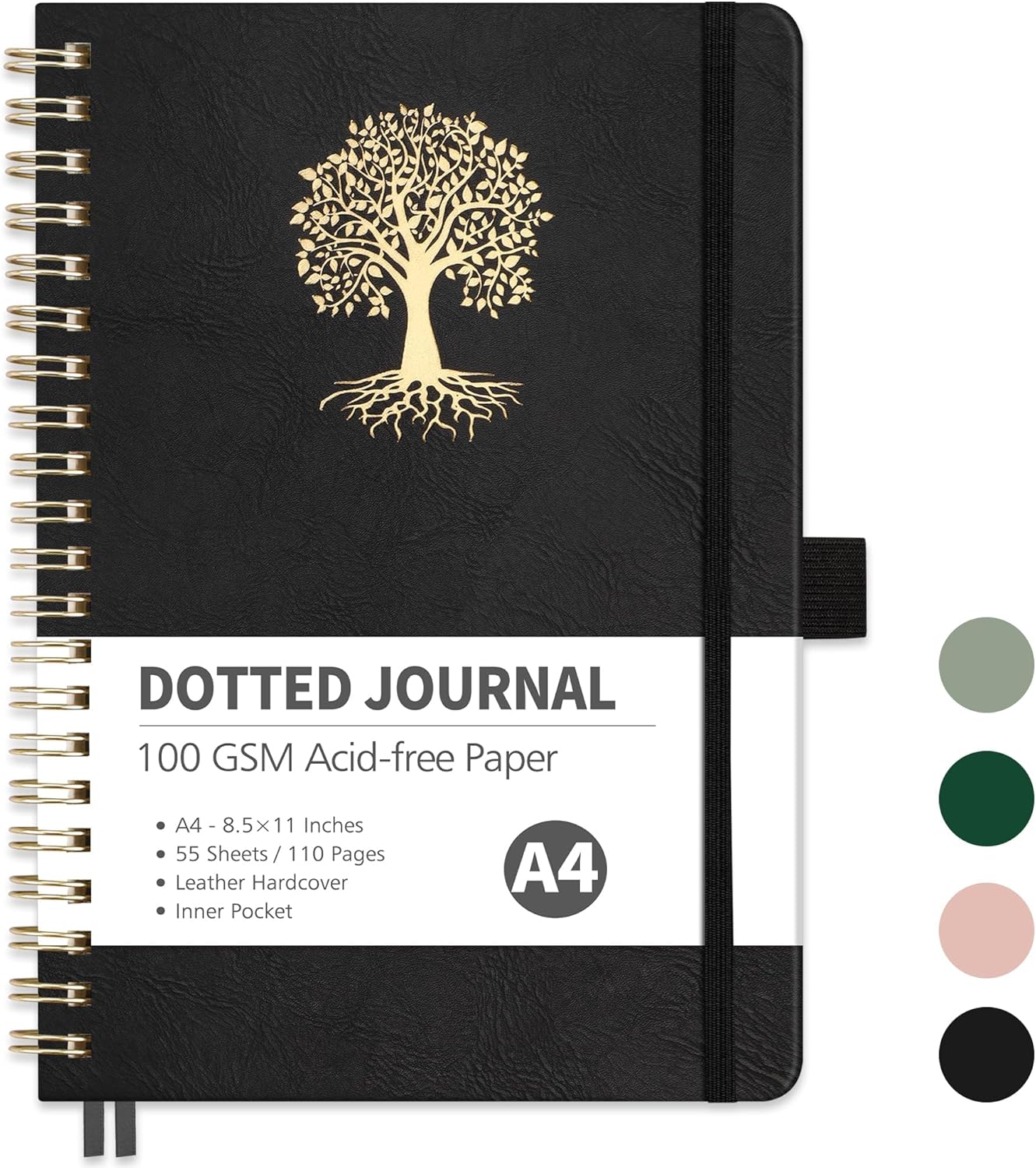 RETTACY Bullet Dotted Journal Notebook, 110 Pages, A4 Medium Size (8.5" × 11"), Leather Hardcover, 100 GSM Thick Paper, Spiral-bound, for Bullet Journaling, Planning, Tracking (Black)
