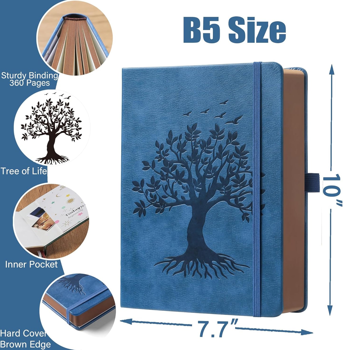 ZXHQ B5 360 Pages Lined Journaling Notebooks with Pen, Journals for Women Men Writing Notebook, Tree of Life Design, Brown Edge, Fine Inner Pocket - Blue