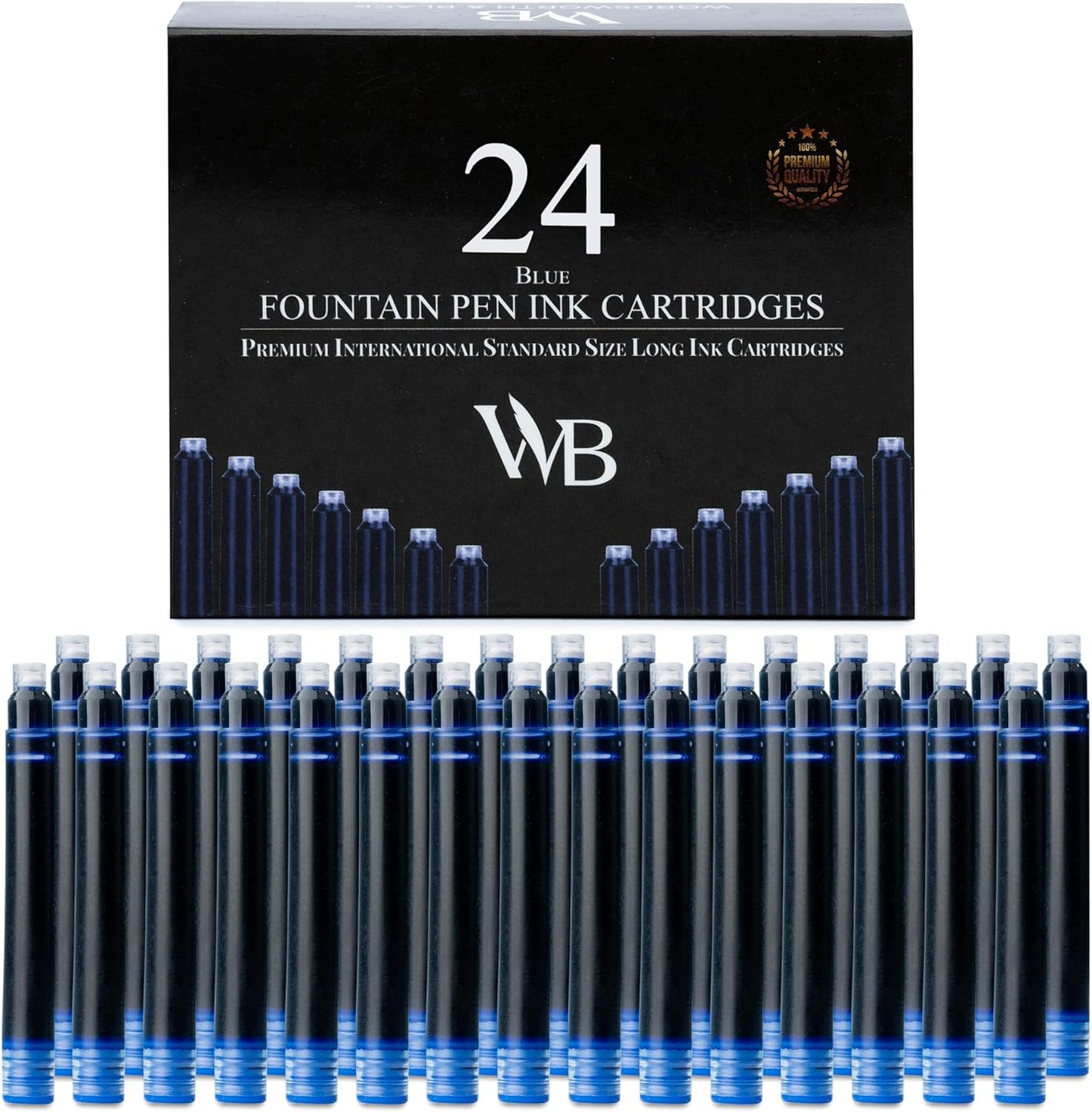 Wordsworth & Black 24 Pack Fountain Pen Ink Refills - Set of 24 Blue Ink Cartridges - International Standard Size - Length APPR 1.5" - Base Diameter APPR 0.24" - Disposable and Generic