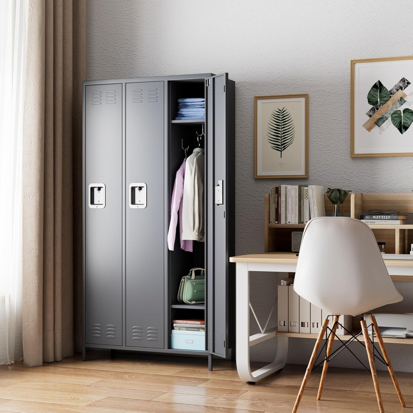 Metal Storage Locker with 3 Doors,Metal Locker for Employees with 9 Hooks for School Garage Office Gym Home,Assembly Required,Dark Grey