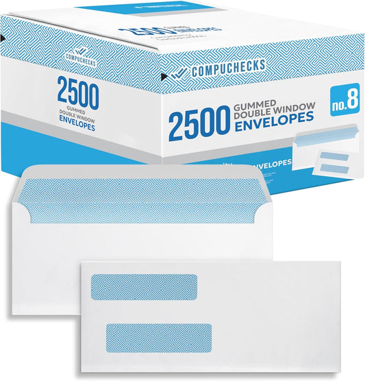 Compuchecks Double Window Envelopes - Gummed, Security Business Mailing Check Envelopes - Tamper Evident, Security Tint - 2500 Count – Guaranteed to fit QuickBooks Checks