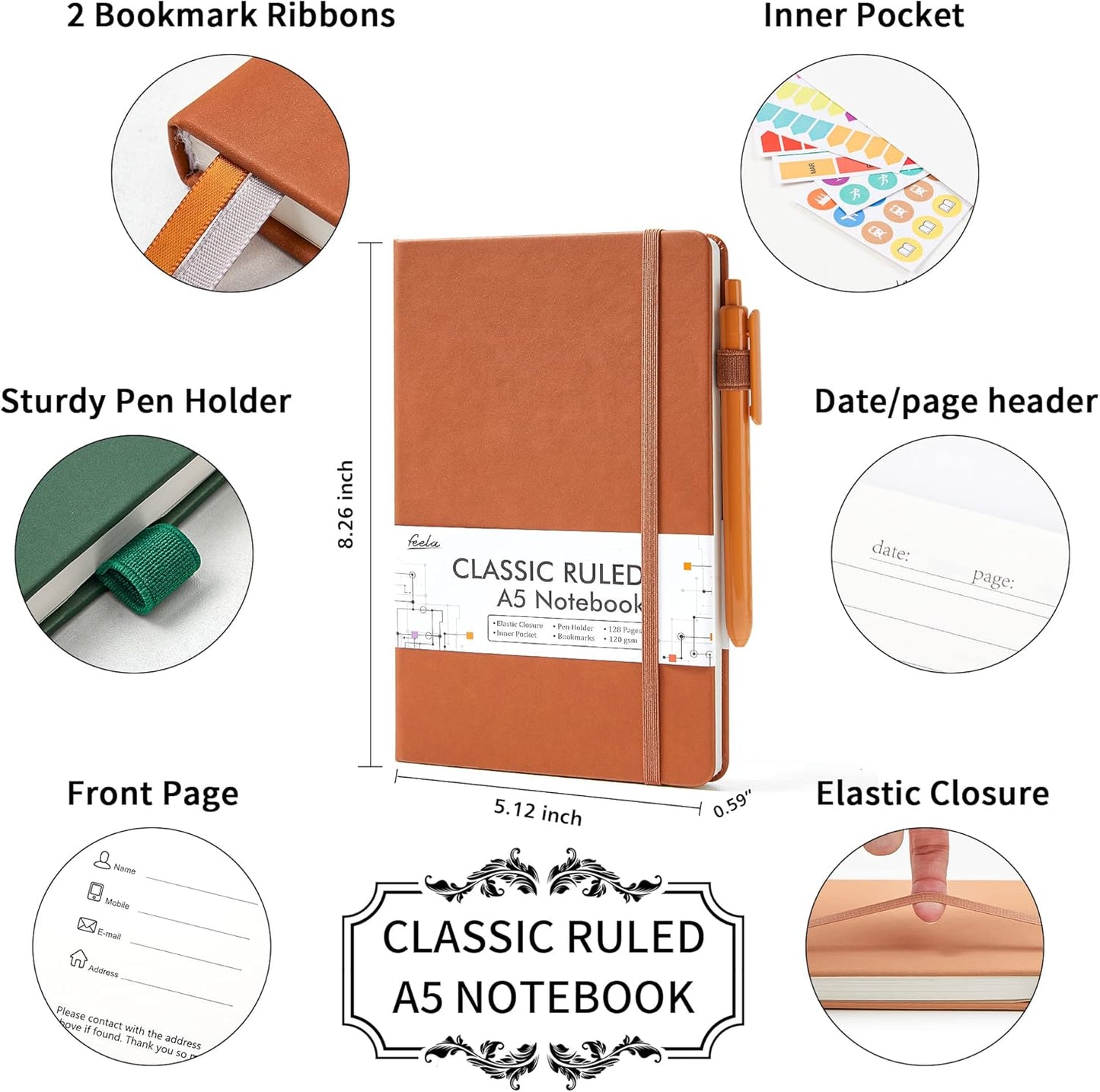 feela Journal Notebook Bulk for School, Hardcover Business Classic Ruled Lined Journals with Pen Holder for Work Office Journaling, with 5 Black Pens, 120 GSM, 5.1”x8.3”, 5 Pack, A5, Vintage Colors
