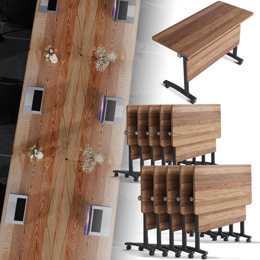 Folding Conference Room Table, Modern Conference Tables with Silent Wheels, Large Rectangular Mobile Training Tables for Office Classroom, Foldable Modular Boardroom Seminar Table (10pack L55.1in)