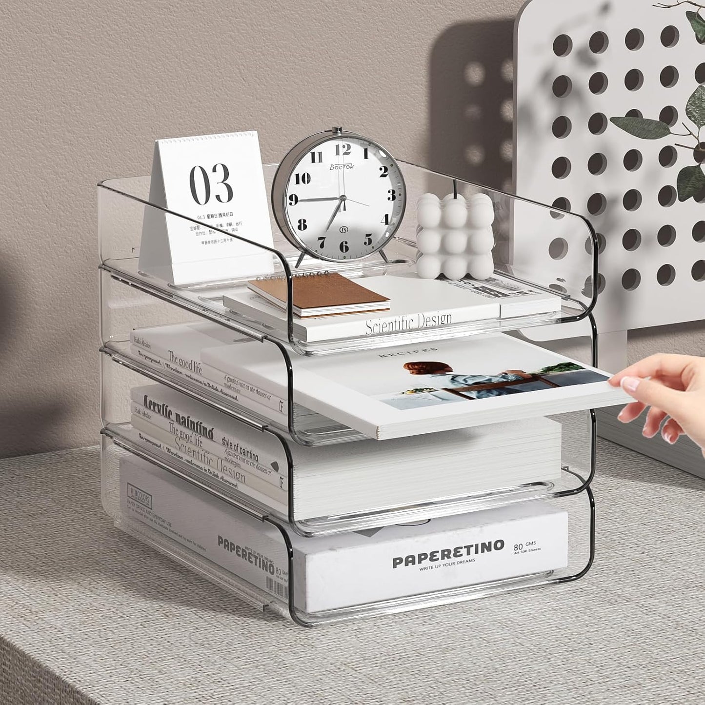 4-Tier Acrylic Paper Tray Organizer | Clear Stackable Desk Organizer for Documents, Letters, A4 Paper | Modern Office/Classroom/Home Organization