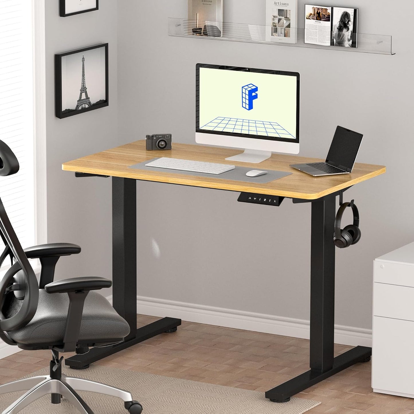 FLEXISPOT EN1 Whole-Piece Standing Desk 48" x 30" Electric Height Adjustable Stand Up Desk Frame w/Automatic Smart Keypad (Black Frame + Maple Top, 2 Packages)