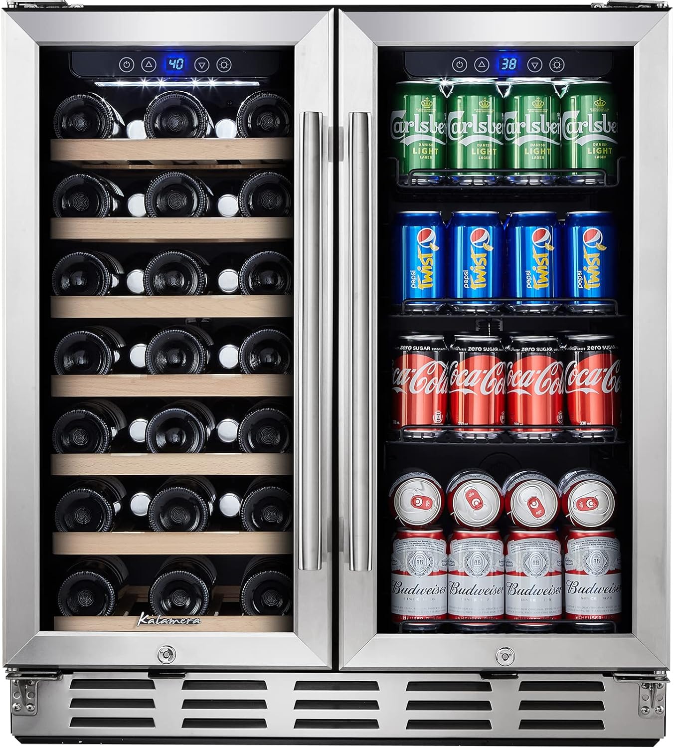 Kalamera Wine and Beverage Refrigerator, 30 inch Wine Fridge Dual Zone Hold 33 Bottles and 96 Cans, Digital Touch Control, Built-In or Freestanding