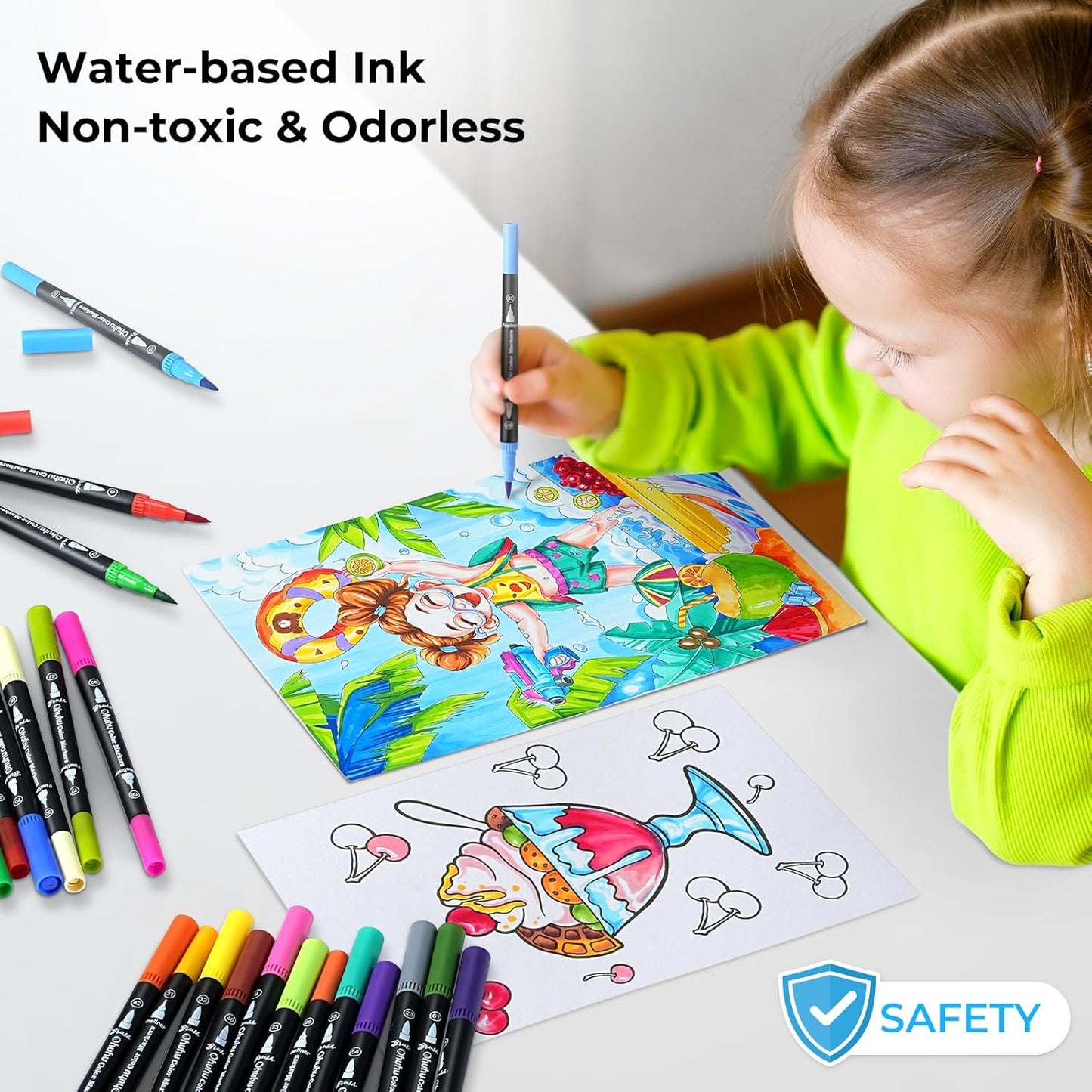 Ohuhu Markers for Adult Coloring Books No bleeding 60 Colors Coloring Markers Water-based Dual Tips Fineliner & Brush Drawing Pens Art Markers for Kids Adults Sketch Journal - Maui - Black