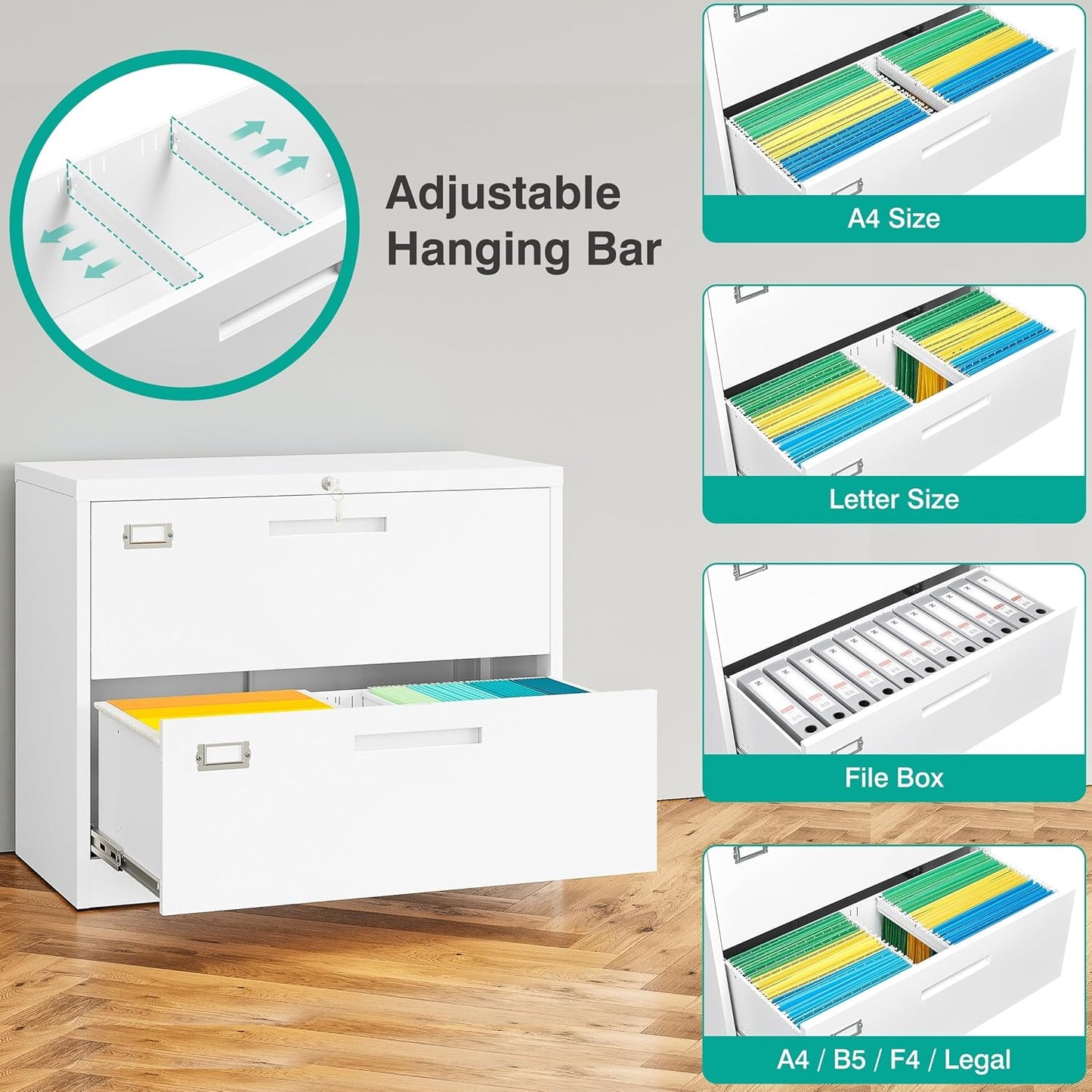 SISESOL 2 Drawer Lateral File Cabinet with Lock,White Lateral Filing Cabinet,Horizontal Metal Filing Cabinets,Locked Wide Two Drawer File Cabinets for Office Home,Fit A4/F4/Letter/Legal File