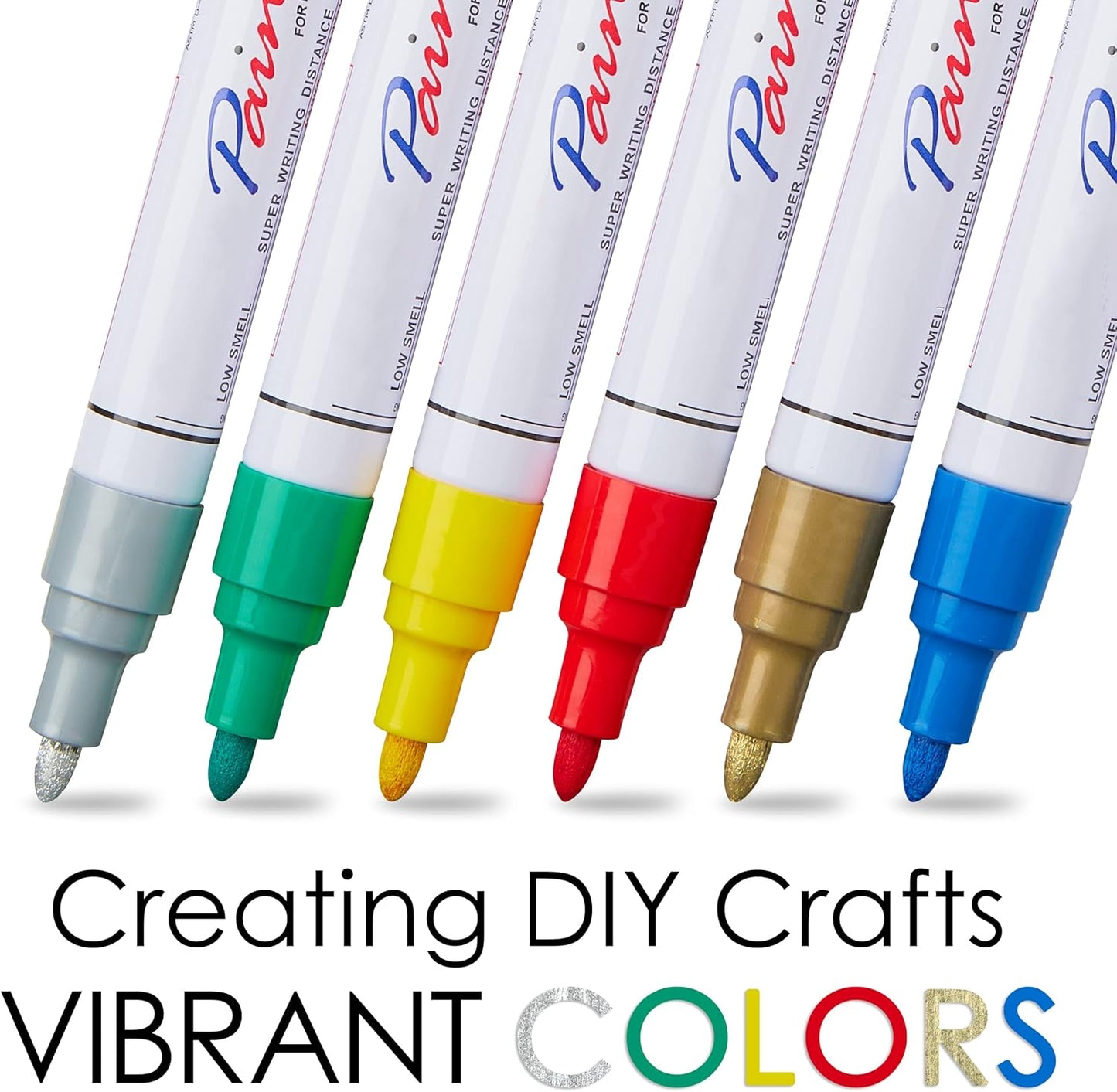 Paint markers, 6 colors oil-based waterproof quick dry permanent pen set for rocks painting, wood, fabric, plastic, canvas, glass, metal, tire, stone, diy craft (Gold Sliver Red Yellow Blue Green)
