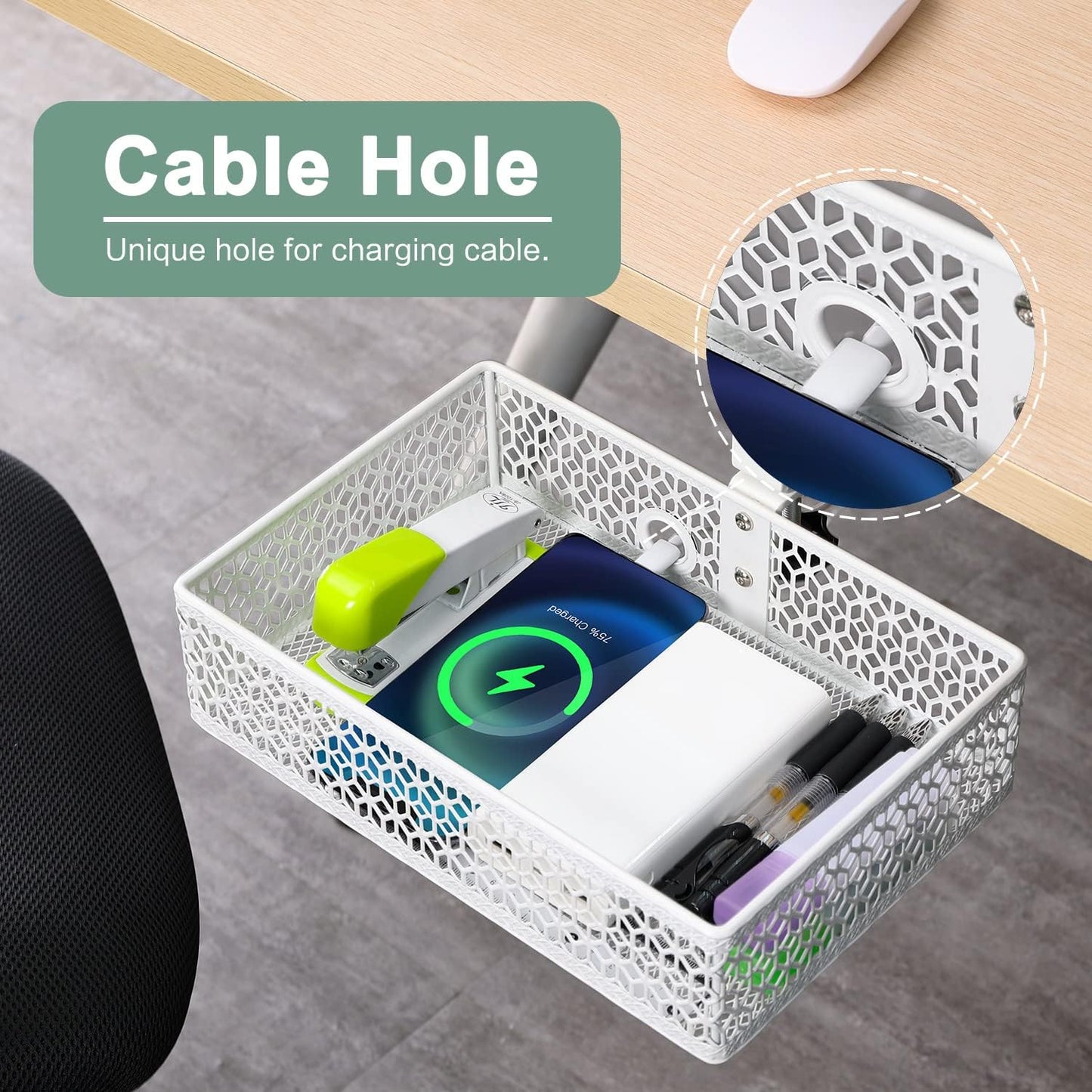 OSYLINE Heavy Duty Clamp On Under Desk Drawer Organizer Storage Tray Basket with Non-Slip Pad Hanging Mount for Home Office Studio Bedroom or Dorm (white)