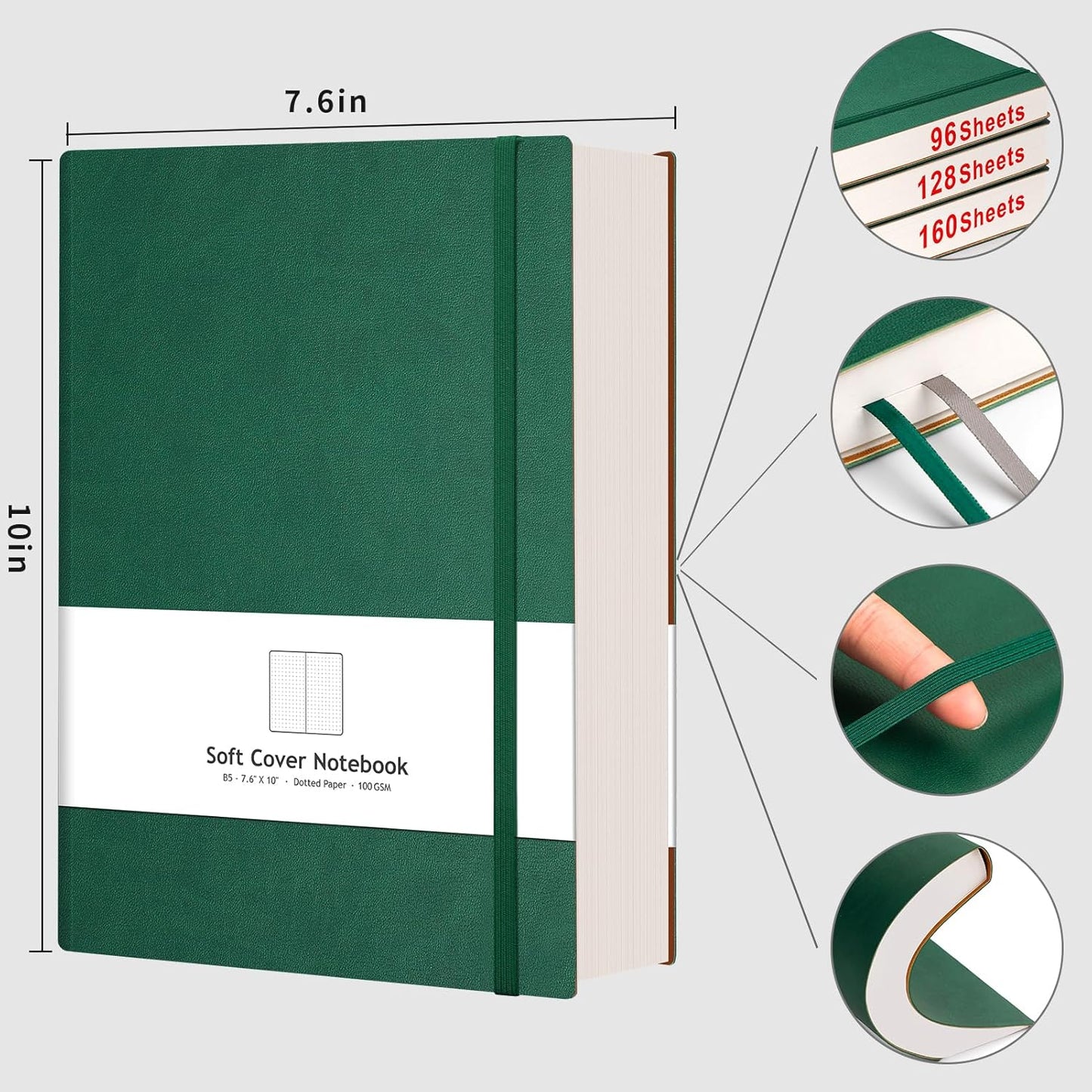 AHGXG Bullet Dotted Journal - 320 Pages Dot Grid Notebook B5 Large Journal, 100gsm Thick Dotted Paper, Leather Softcover, with Journal Stencils, Inner Pocket, 7.6'' X 10'' - Green