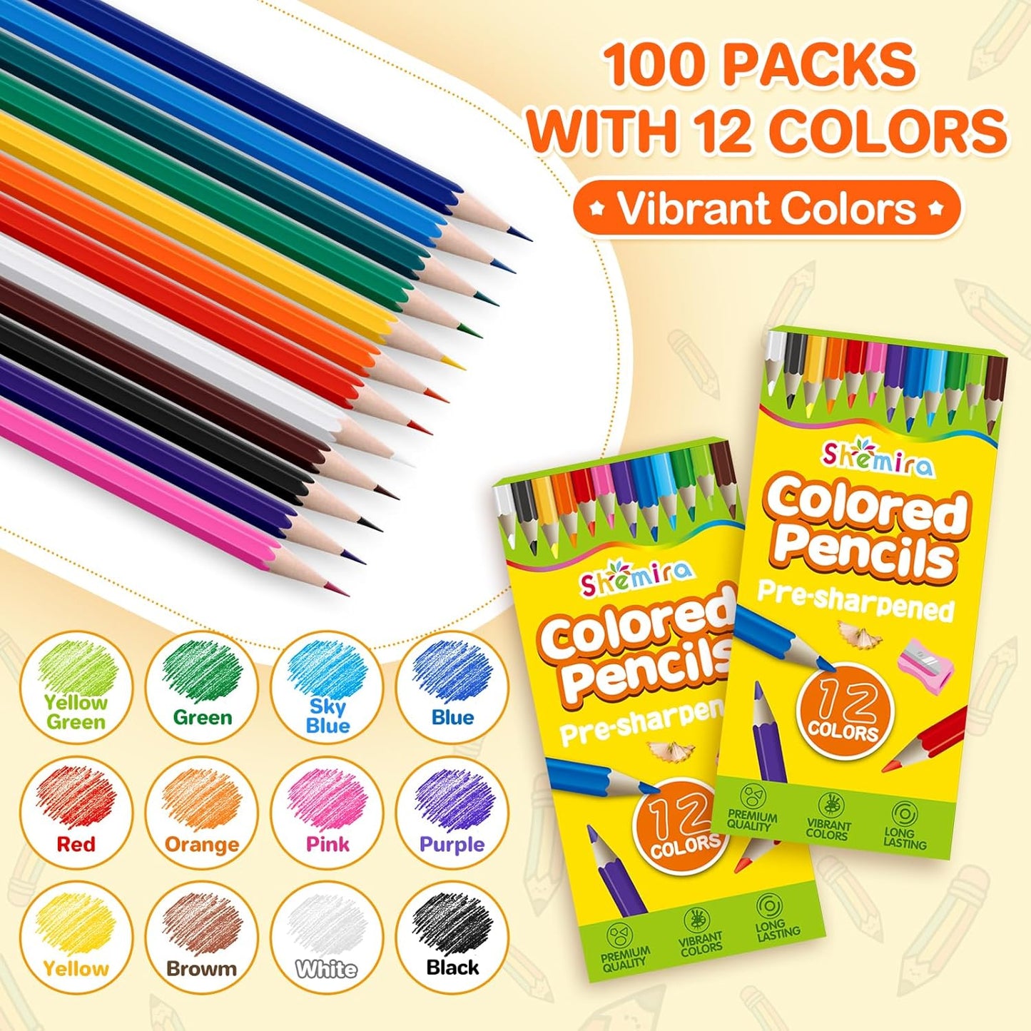 Shemira 100 Pack (1200 Count) Colored Pencils Bulk Set for Kids, Pre-sharpened Coloring Pencil in 12 Colors, Erasable Color Pencils', School Supplies for Kids Teachers, Back to School Supplies