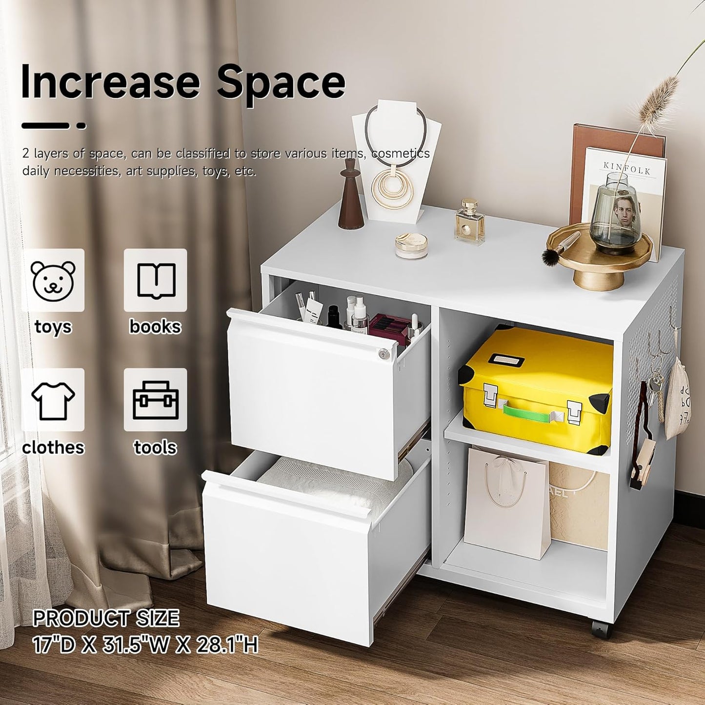 SISESOL 2 Drawer File Cabinet with Lock and Shelf,Mobile Lateral Filing Cabinet,Metal File Organizer Cabinet with Open Storage Shelves for Home Office Fit Legal/Letter A4 Size