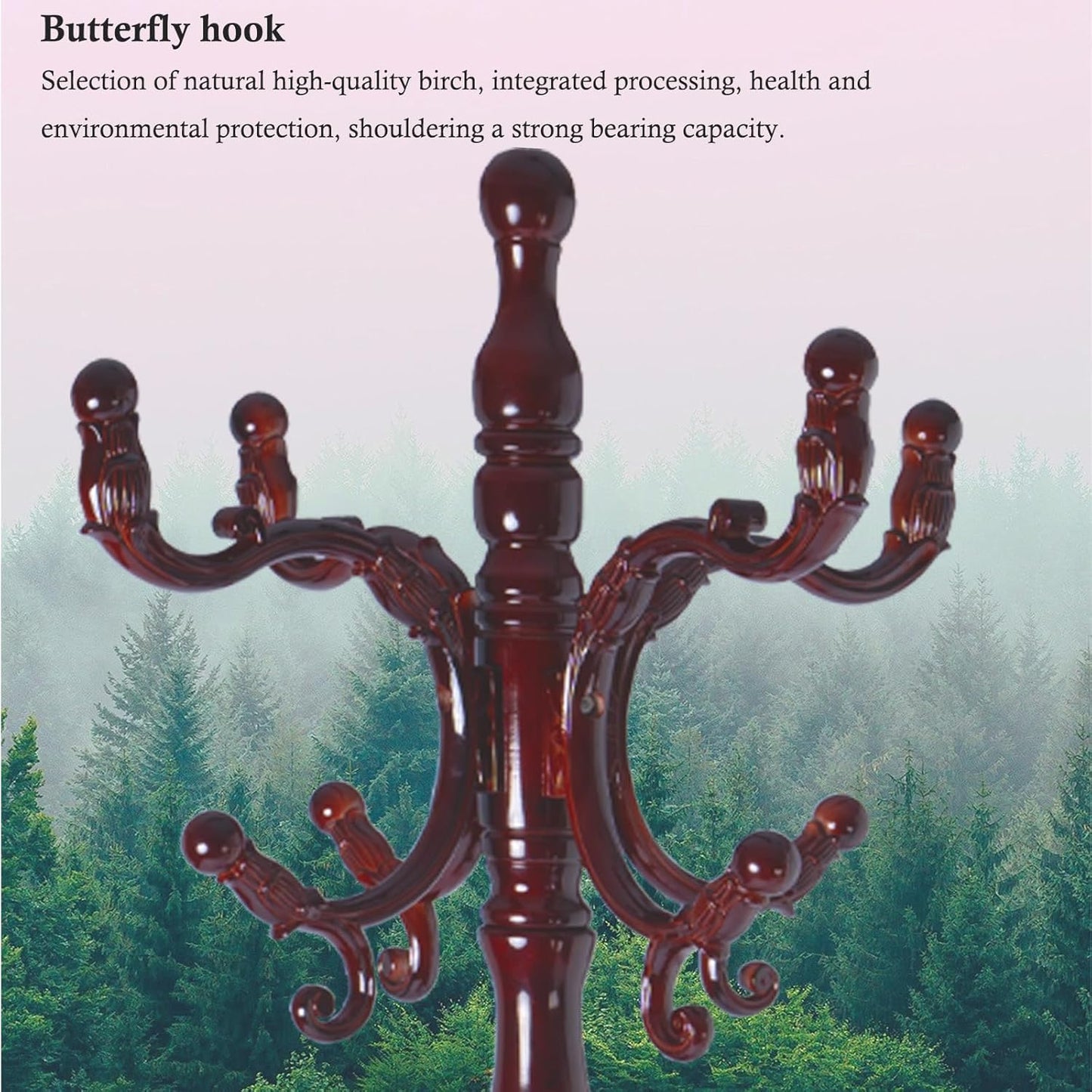 Coat Rack Stand, Solid Wooden Coat Tree with 14 Hooks, Heavy Duty Coat Rack Freestanding with Sturdy Round Base, Natural Birch Wood Coat Hanger Stand for Entryway Bedroom (Triangle Redwood)