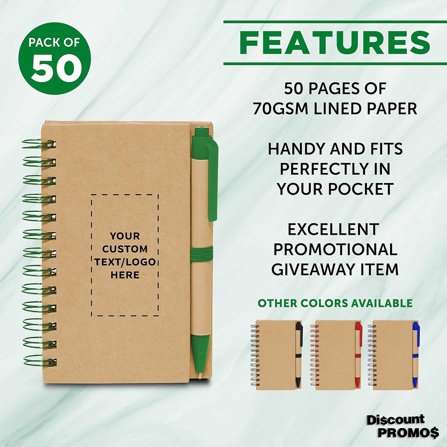 Custom Mini Spiral Notebooks with Black Ink Pens Set of 50, Personalized Bulk Pack - Perfect for School, Office, Business, Home - Green