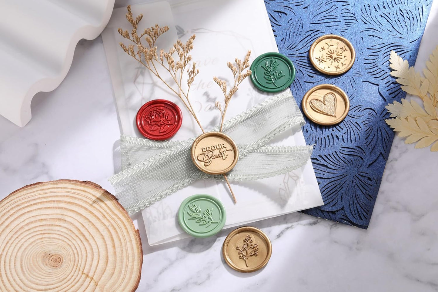 Yoption 6 Pcs Wax Seal Stamp Set, Be Our Guest, Star, Heart, Plant Sealing Stamps Kit with Wooden Handle and Brass Head for Wedding Christmas Greeting Cards Gift