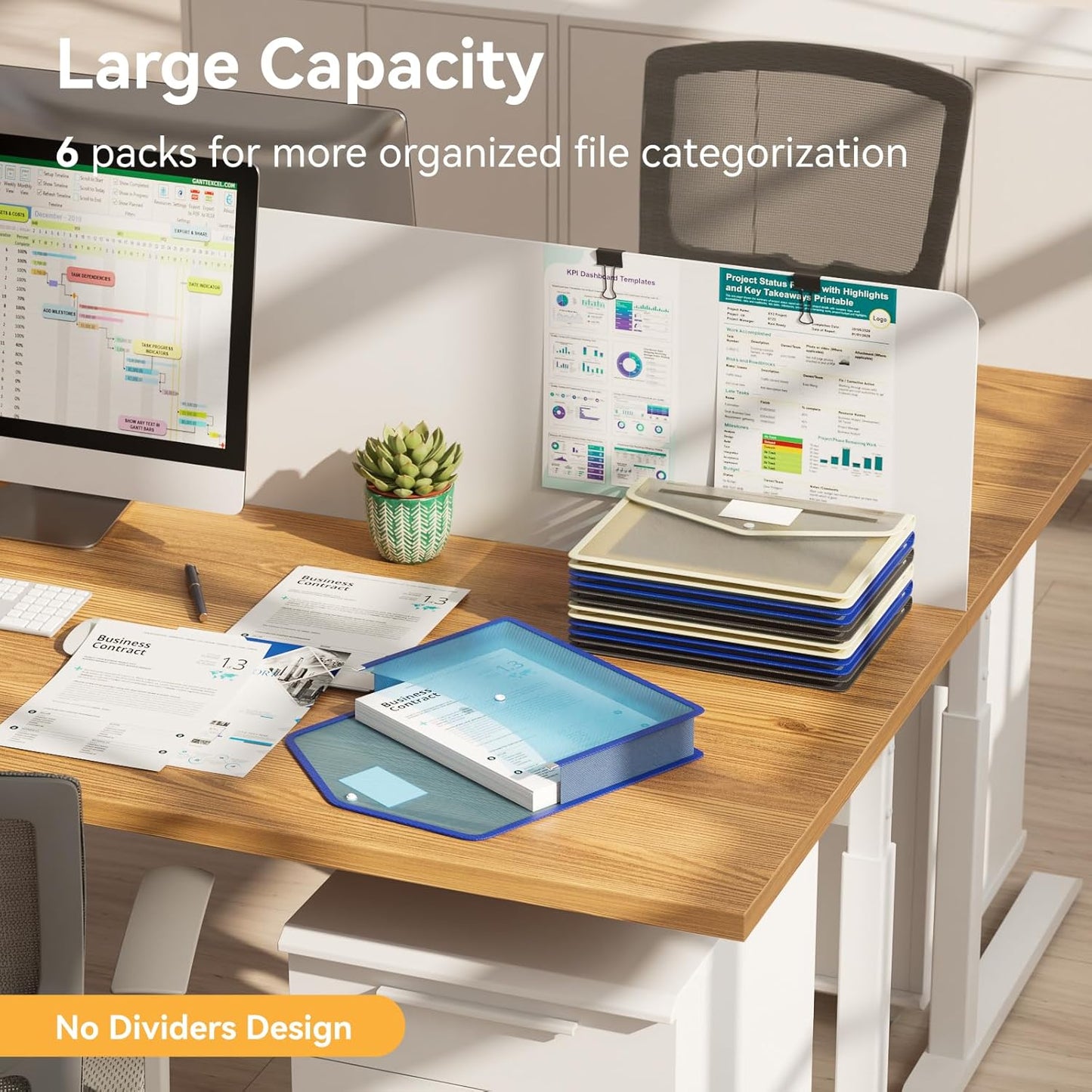 ABC life 6 Pack Plastic Expanding File Folder, Transparent envelopes with Snap Closure, No Dividers, Large Capacity, Assorted Colors, Fit Letter/A4 Size (Black+Blue+Tea Grey)