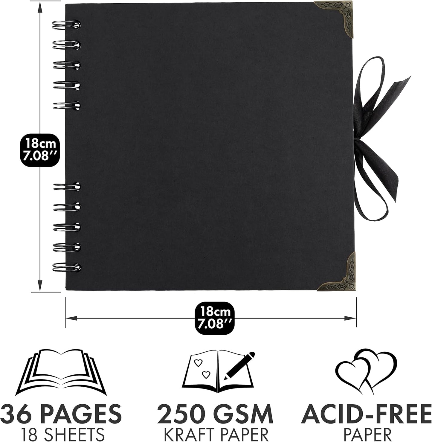 Bstorify Square Scrapbook Photo Albums 36 Pages (7 x 7 inch) Black Thick 250gsm Kraft Paper Scrap Book, Memory Book, Ribbon Closure - Ideal for Your Scrapbooking Albums, Art & Craft Projects