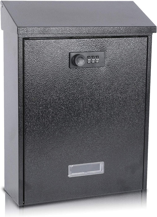 xydled Mail Boxes with Combination Lock,Locking Mailbox Wall Mounted,Large Capacity,Steel Cover Metal Postbox for House, 12.4×8.5×3 Inch, Black
