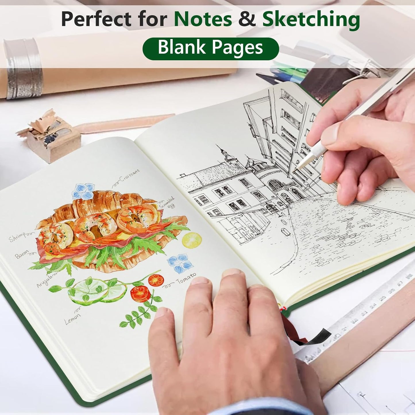 PERCUN Blank Journal Ntebook for Men & Women, 160 Pages Blank Journals for Writing, Drawing,Sketch Book,5.9" x 8.5" Leather Sketchbook, Unlined Notebook for Work, School, Art - Green