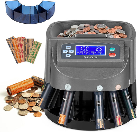 Bonvoisin Coin Counter & Coin Sorter Machine for USD Coin 1￠ 5￠ 10￠ 25￠ $1, Sorts up to 270 Coins/min, Included 5 Coin Trays & 5 Tubes & 50PCS Wrappers
