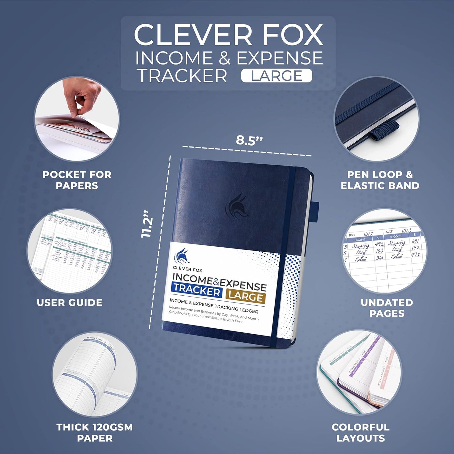 Clever Fox Income & Expense Tracker Large – Accounting & Bookkeeping Ledger Book for Small Business – 2-Year Record Notebook, A4 (Dark Blue)