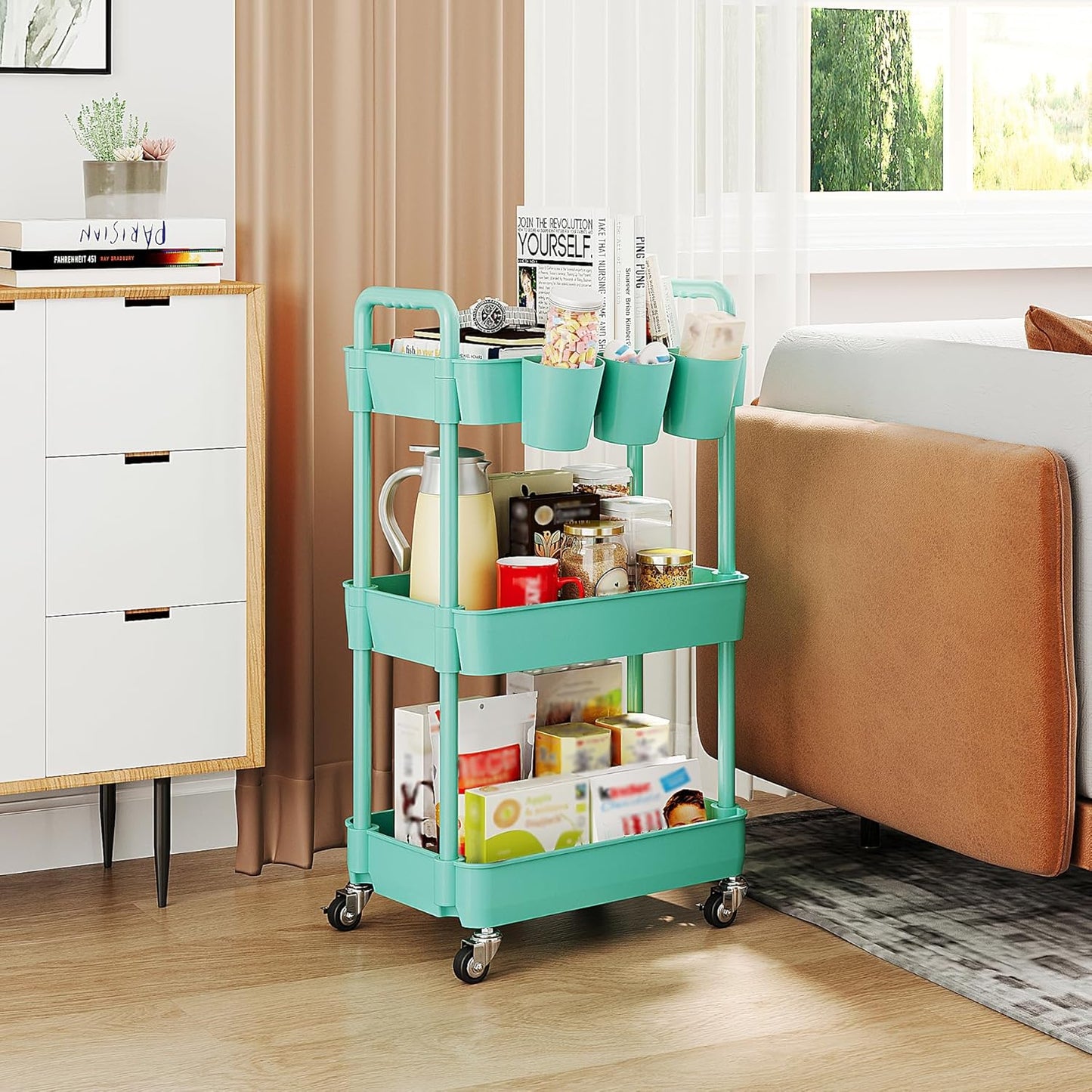 UDEAR 3-Tier Rolling Utility Cart,Multifunctional Storage Shelves with Handle and Lockable Wheels for Room,Office,Kitchen,Bathroom,with 3 Hanging Cups,Green