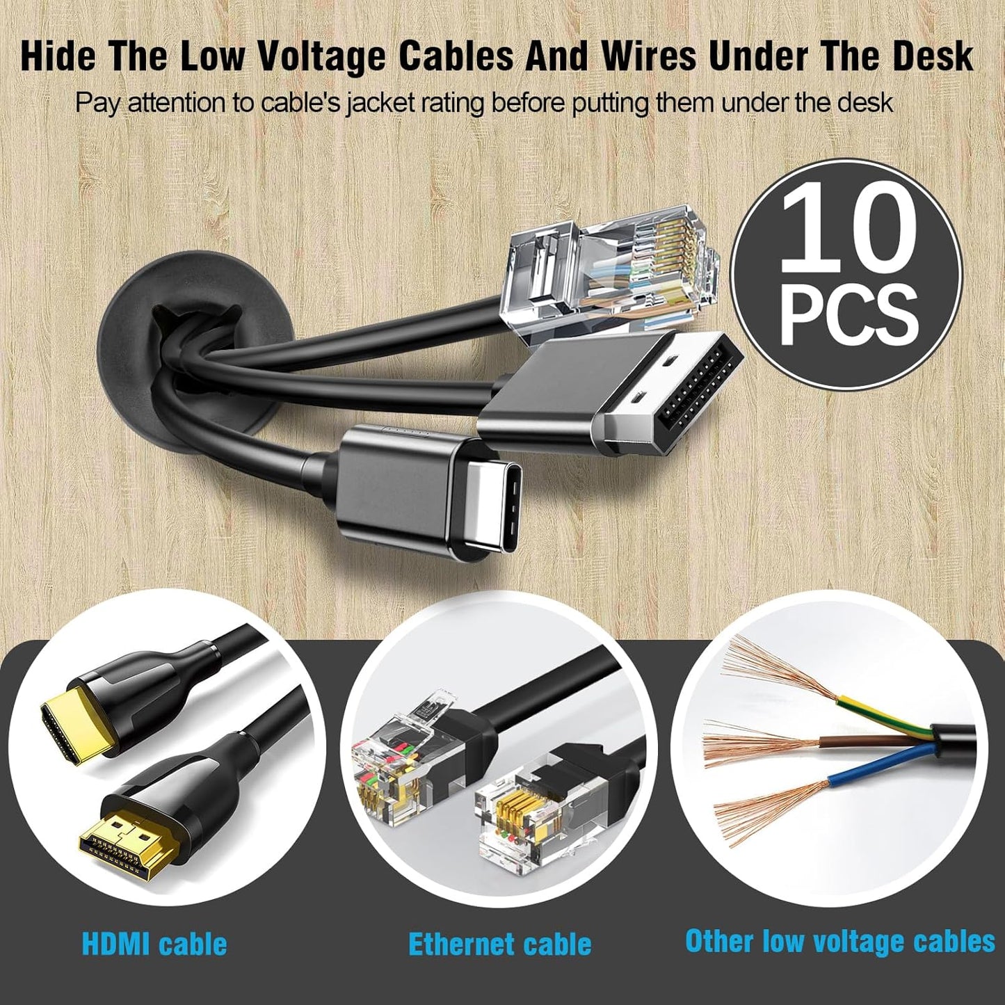 3/4" Black Desk Grommet, JTemgle Flexible Cable Grommet Cross Rubber Cable Hole Cover Wire Organizer Caps Desktop Cord Management for Home Office TV Stands Tabletops, 10 Pieces