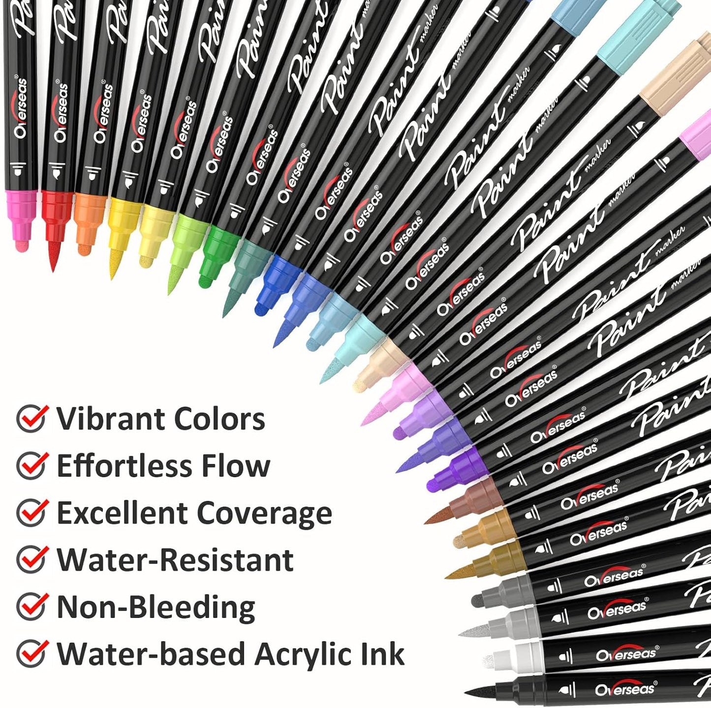 Overseas 24 Dual-Tip Acrylic Paint Markers Pens - Acrylic Paint Pens with Brush and Dot Tip, No Bleeding Coloring Marker for Wood, Rock, Glass, Metal, Ceramic, Plastic, Fabric, Teacher Supplies