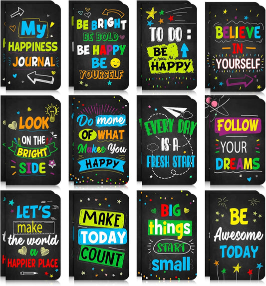 Cinrobiye 24 Pcs Mini Colorful Notebooks, Funny Motivational Journals Notepads Inspirational Notepads Small Pocket Notebook for Kids Teacher School Office Gift Bulk Prizes Travel Supplies (Black)