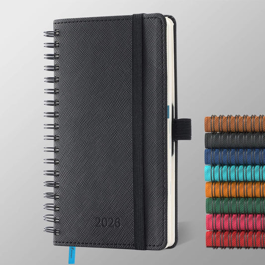 Planner 2026 Daily Weekly and Monthly,6.5"x3.75",12 Months Spiral Bound Calendar Agenda with Self-adhesive Pen Holder,2026 Appointment Book with Vegan Leather Soft Cover,Black