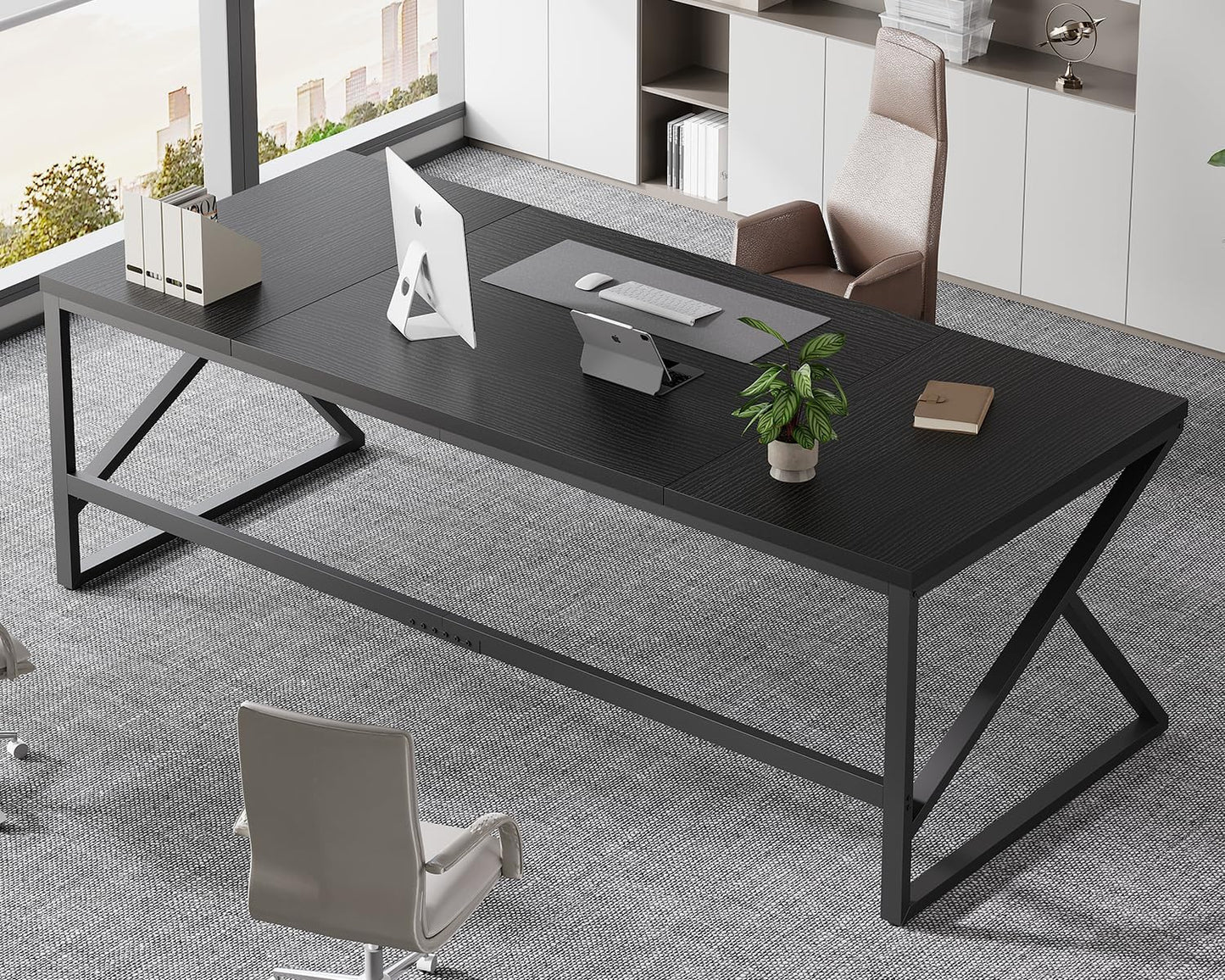 HSH Extra Long Black Computer Desk, 78 inch Large Home Office 2 person Desk, Industrial Metal Wood double Desk for Executive Work Writing Study, Modern Black Bedroom Living Room PC Laptop Gaming Table