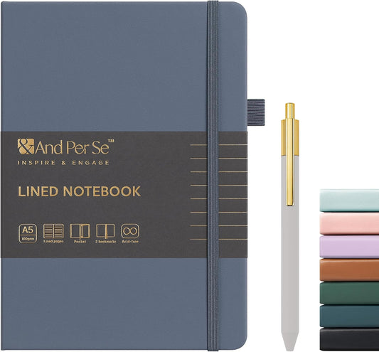 A5 Lined Leather Journal and Pen Set, Hardcover Notebook with Pen, 160 Pages 100gsm Thick Ruled Paper for for Women Men Work Business School or Home Writing, 5.7'' x 8'' (Dark Blue)