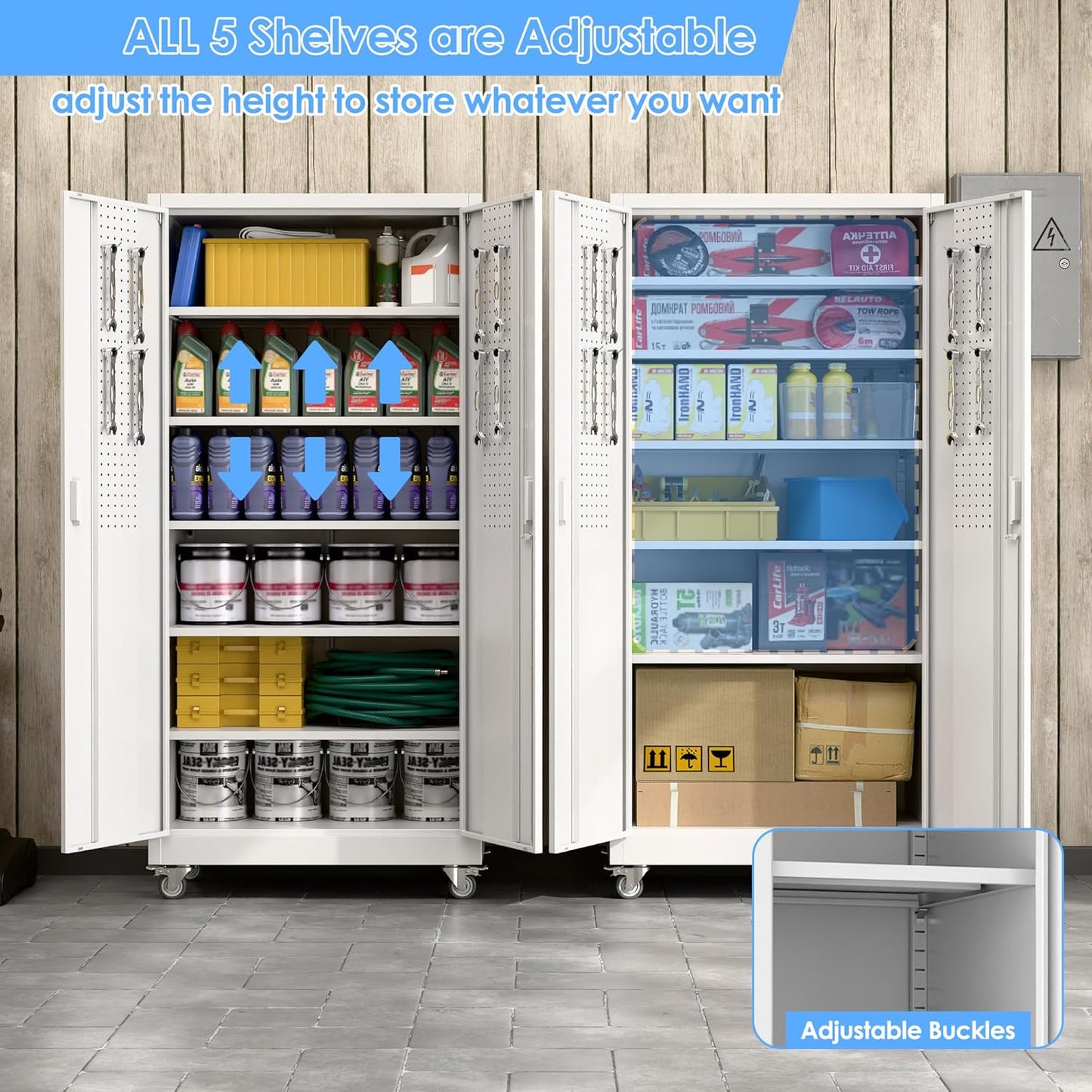 Aobabo Upgraded Garage Storage Cabinets with Wheels,Metal Storage Cabinets with 5 Adjustable Shelves for Garage Home Office Storage, White,71''H*32''W*16''D,Assembly Required