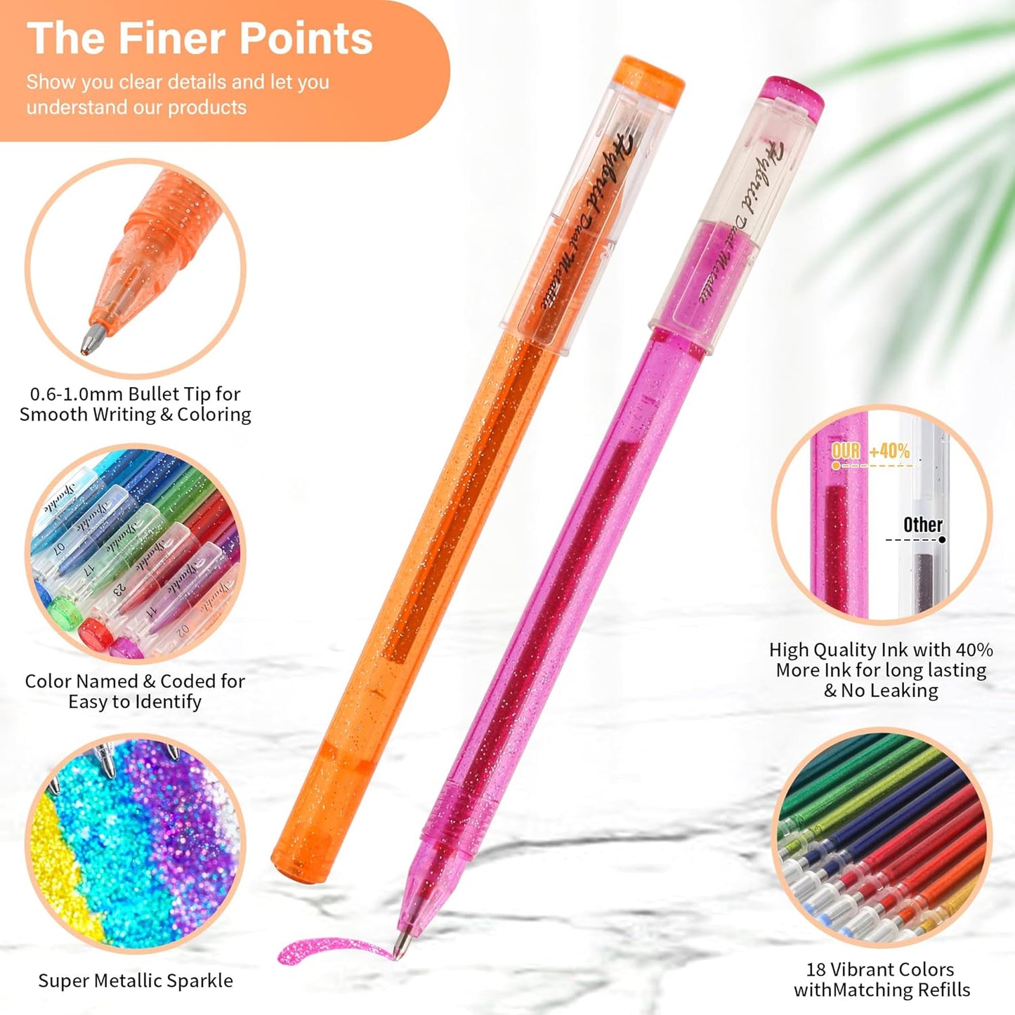 ZSCM 36 Pack Metallic Glitter Gel Pens Set, 18 Colors Sparkle Gel Pens with 18 Glitter Pen Refills in Canvas Bag for Adult Coloring Book Drawing Crafts Scrapbooks Journaling