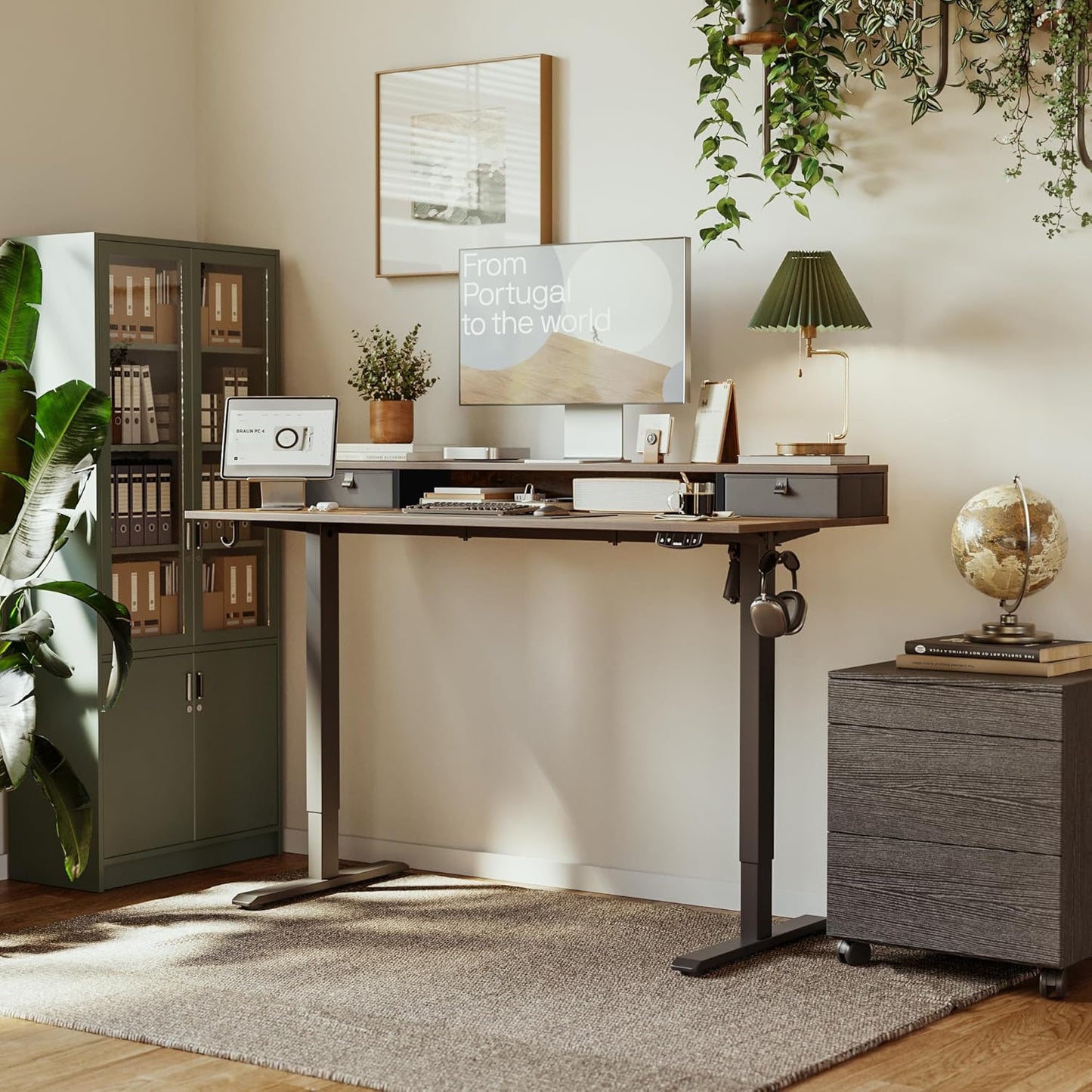 Agilestic 53 x 24 Inches Height Adjustable Electric Standing Desk with 2 Drawers, Stand Up Electric Desk Adjustable Height, Sit Stand Computer Gaming Table with Splice Board, Rustic Brown