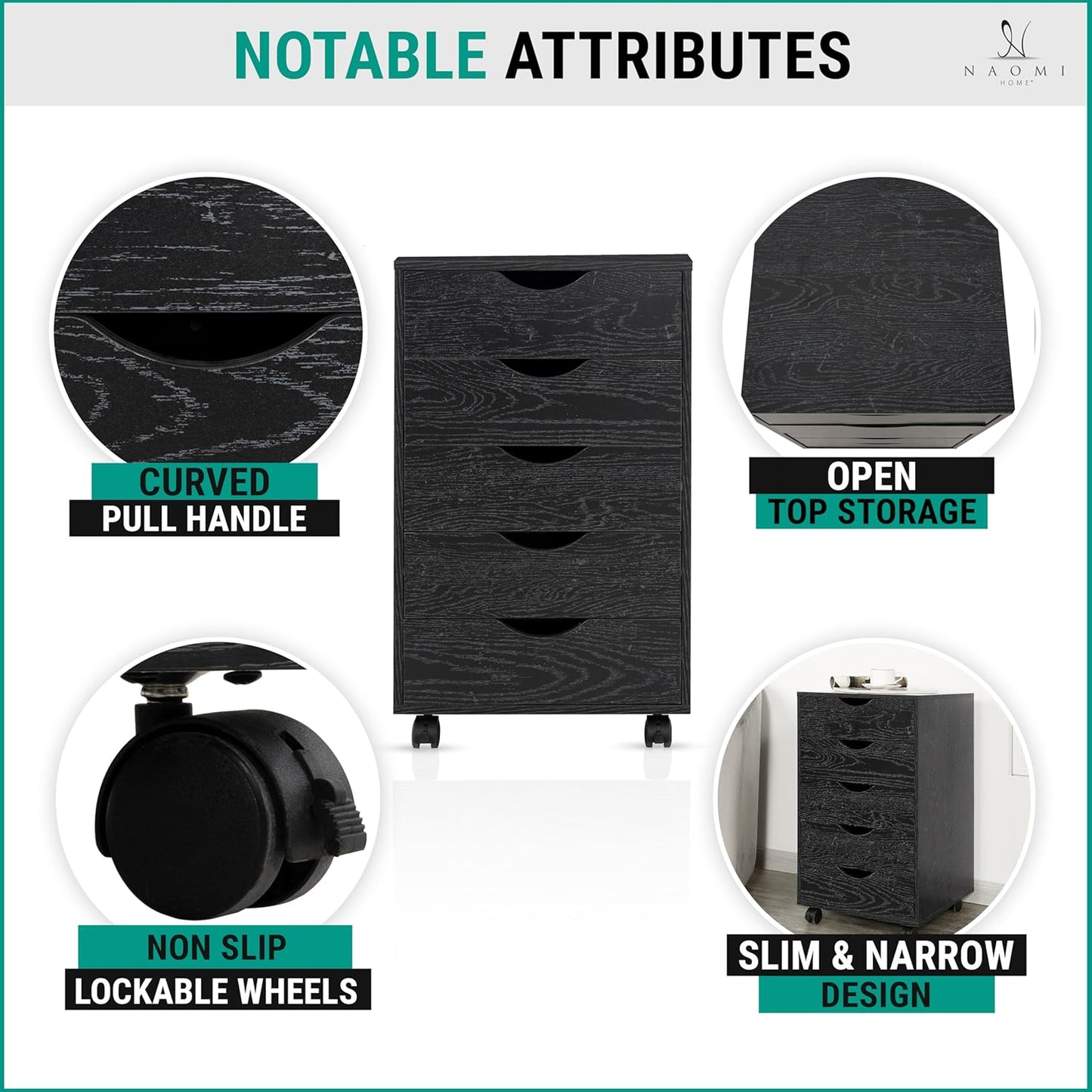 Naomi Home 5 Drawer Office Storage File Cabinet Under Desk Cabinets for Organization Filing with Wheels, Printer Stand Storage, 180 lbs Capacity, Distressed Black (11397AM)