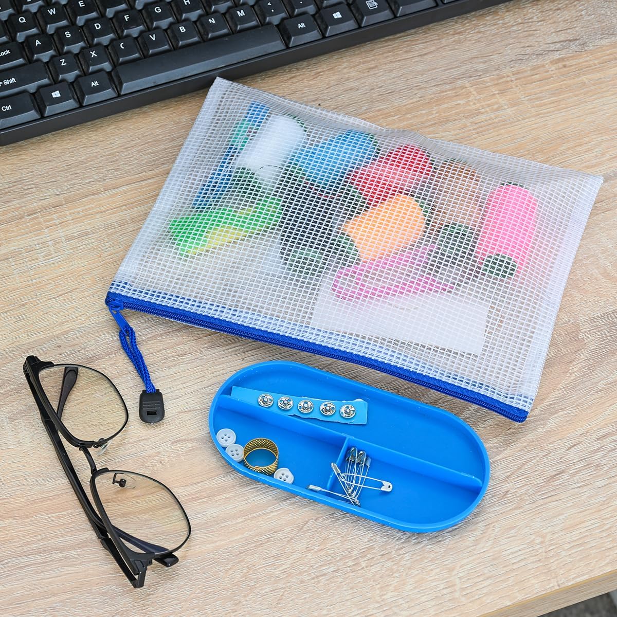 AUSTARK 10 Pcs Zipper File Bags, Waterproof Plastic Mesh Pouch for Office School, Board Game Storage Bags (A5 Size 9.2''x6.7'', White and Blue)